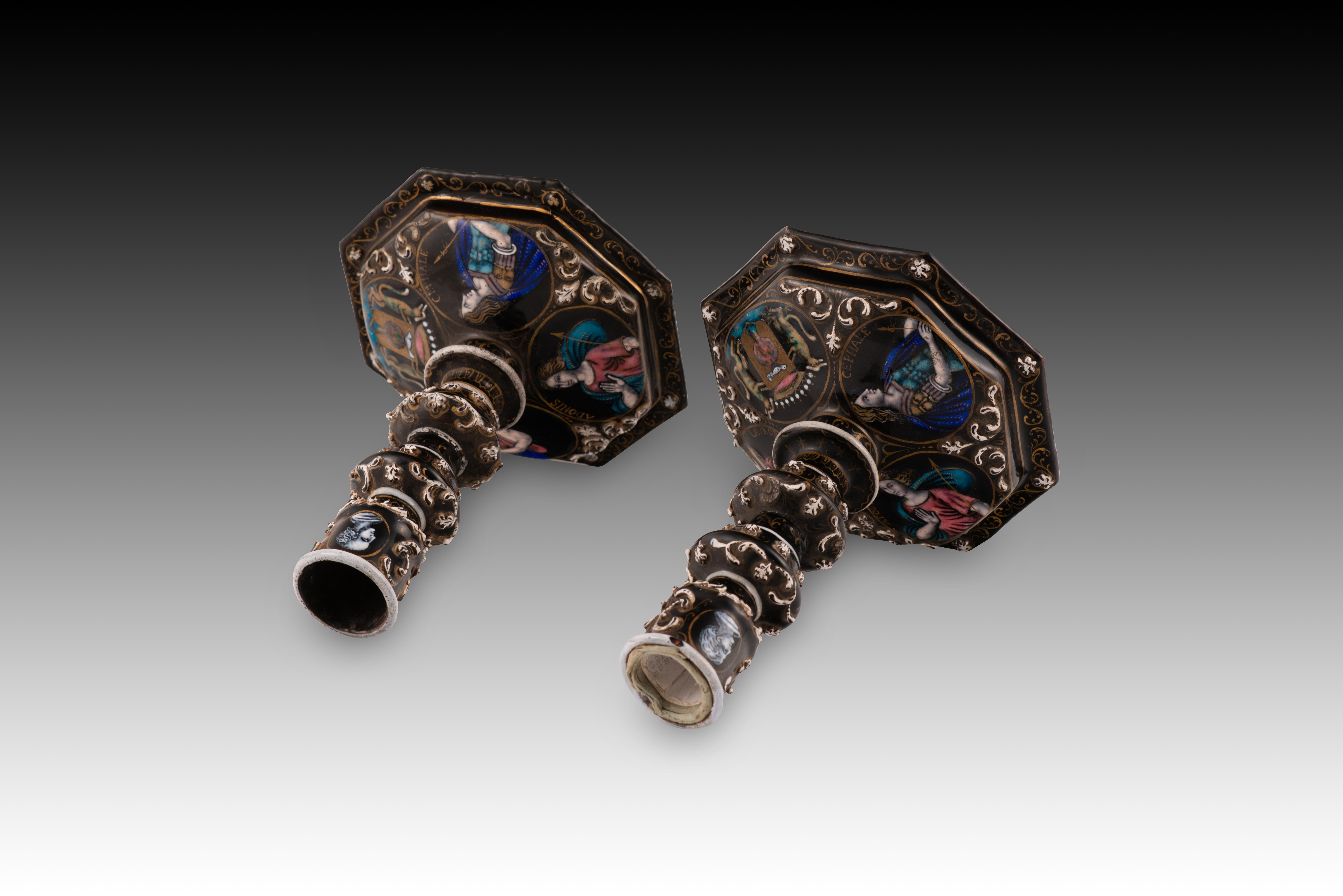 Paar Kerzenständer. Metall, Emaille. Limoges, Frankreich, 19. Jahrhundert. im Angebot 1