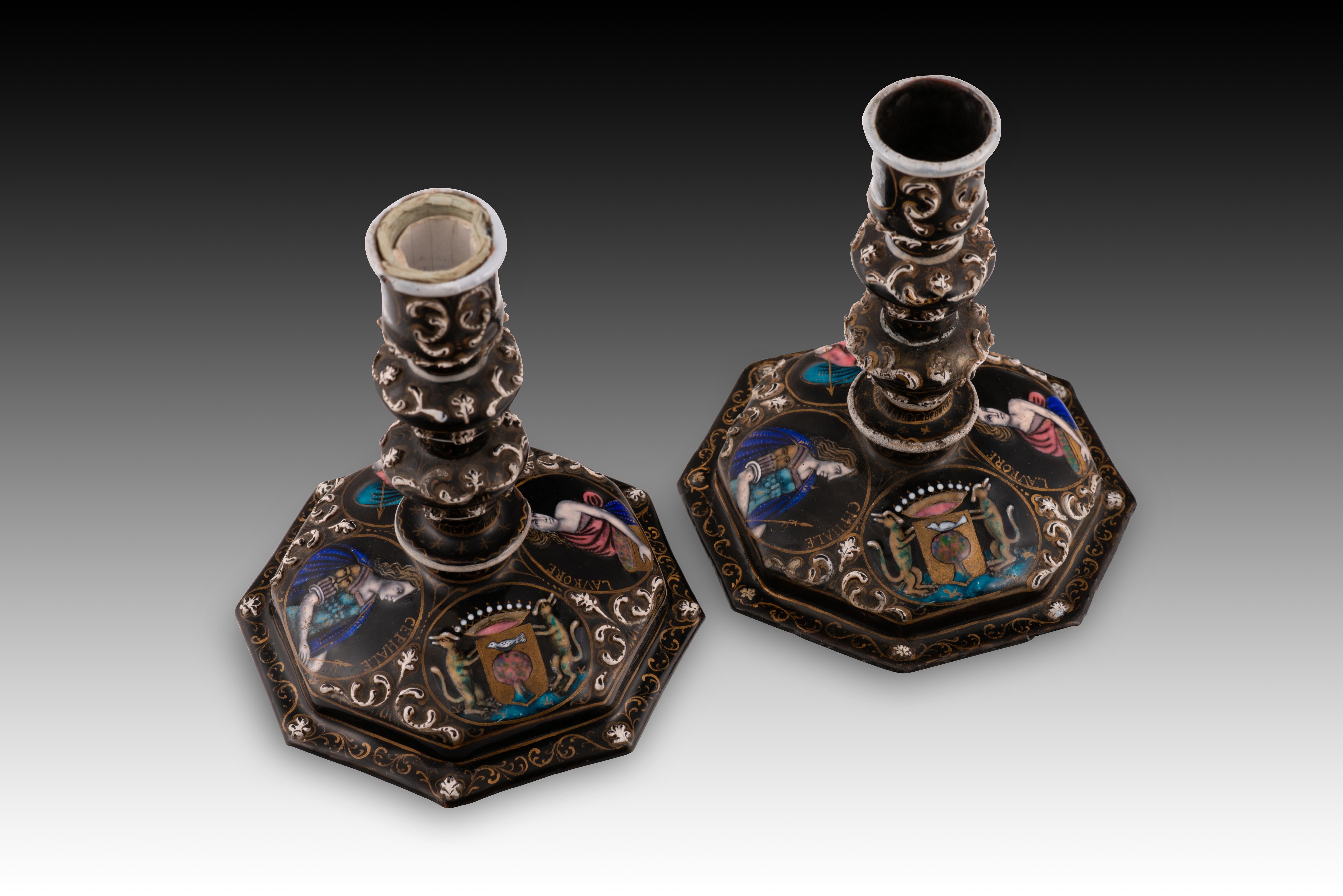 Paar Kerzenständer. Metall, Emaille. Limoges, Frankreich, 19. Jahrhundert. im Angebot 2