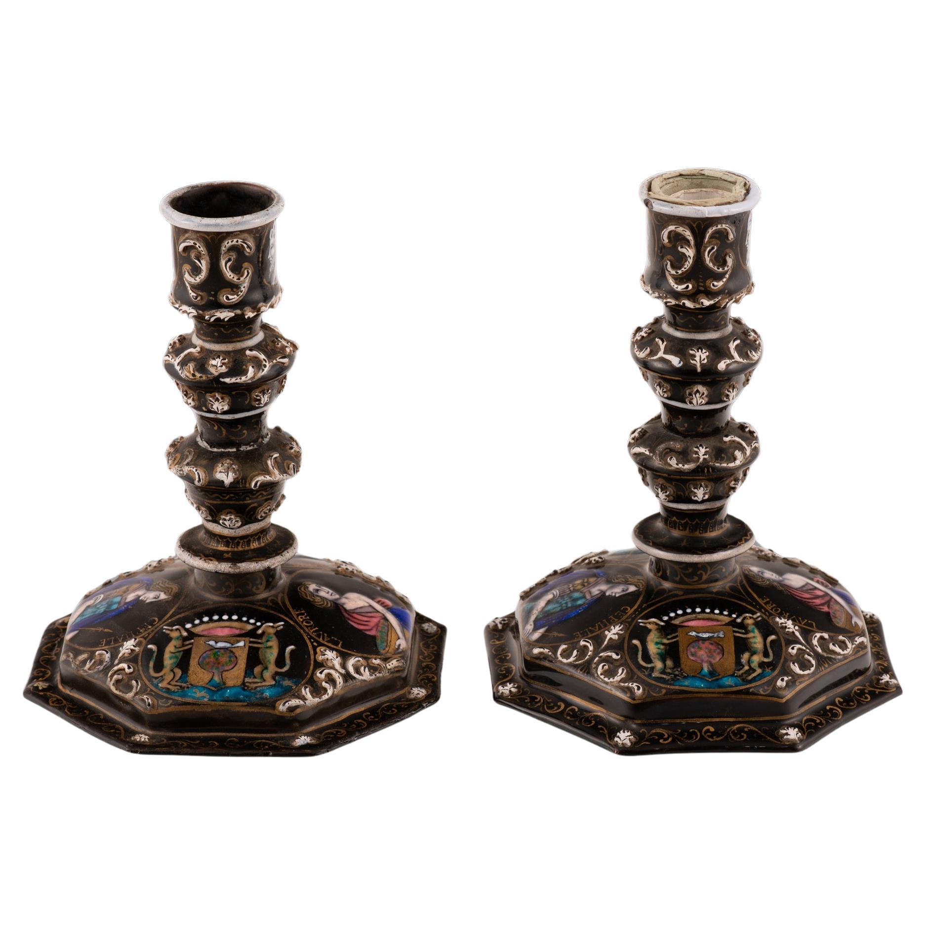Pair of candlesticks. Metal, enamel. Limoges, France, 19th century.