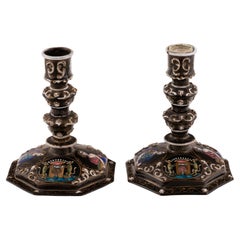 Pair of candlesticks. Metal, enamel. Limoges, France, 19th century.