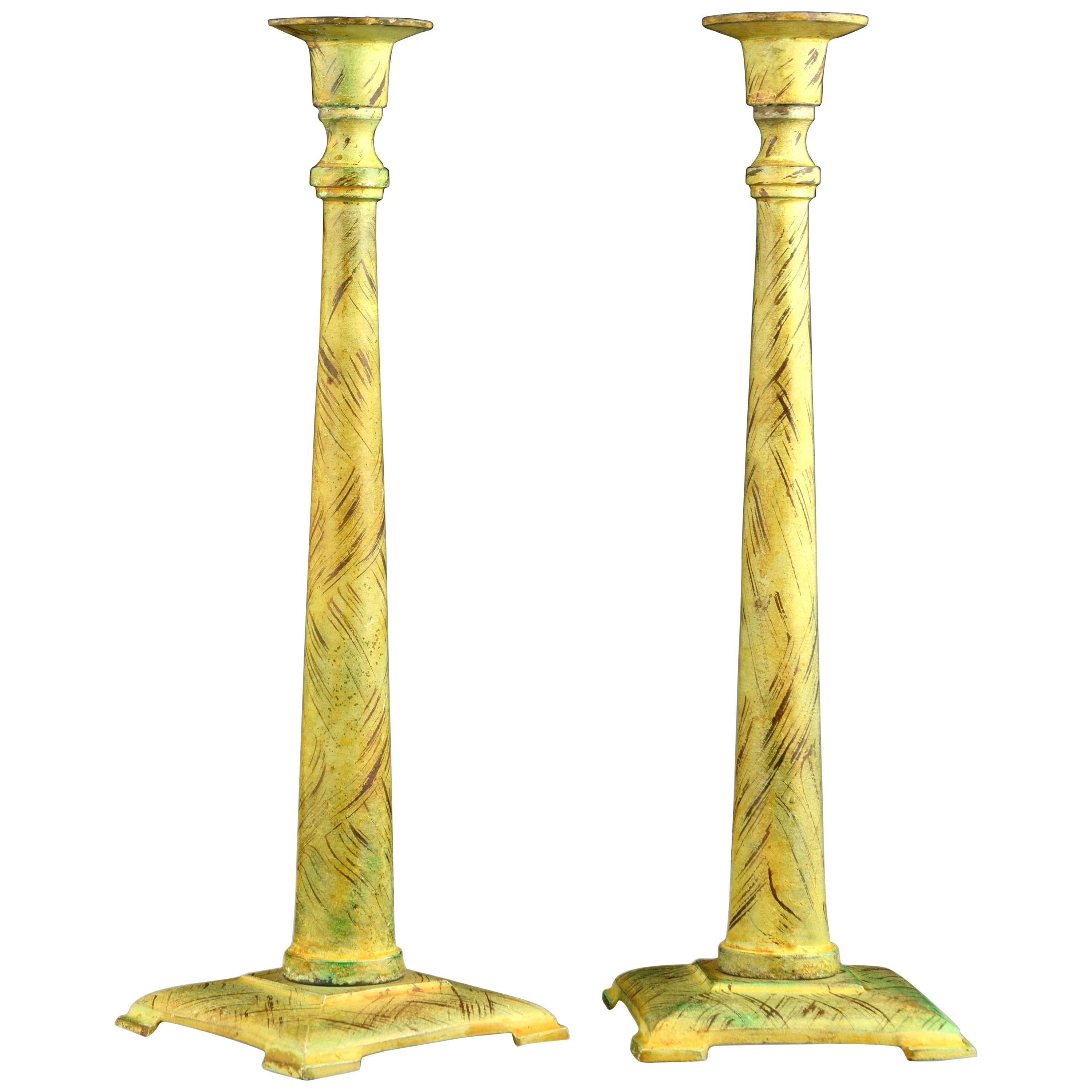 Pair of Candlesticks or Candleholders, Green Patinated Bronze For Sale