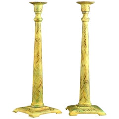 Pair of Candlesticks or Candleholders, Green Patinated Bronze