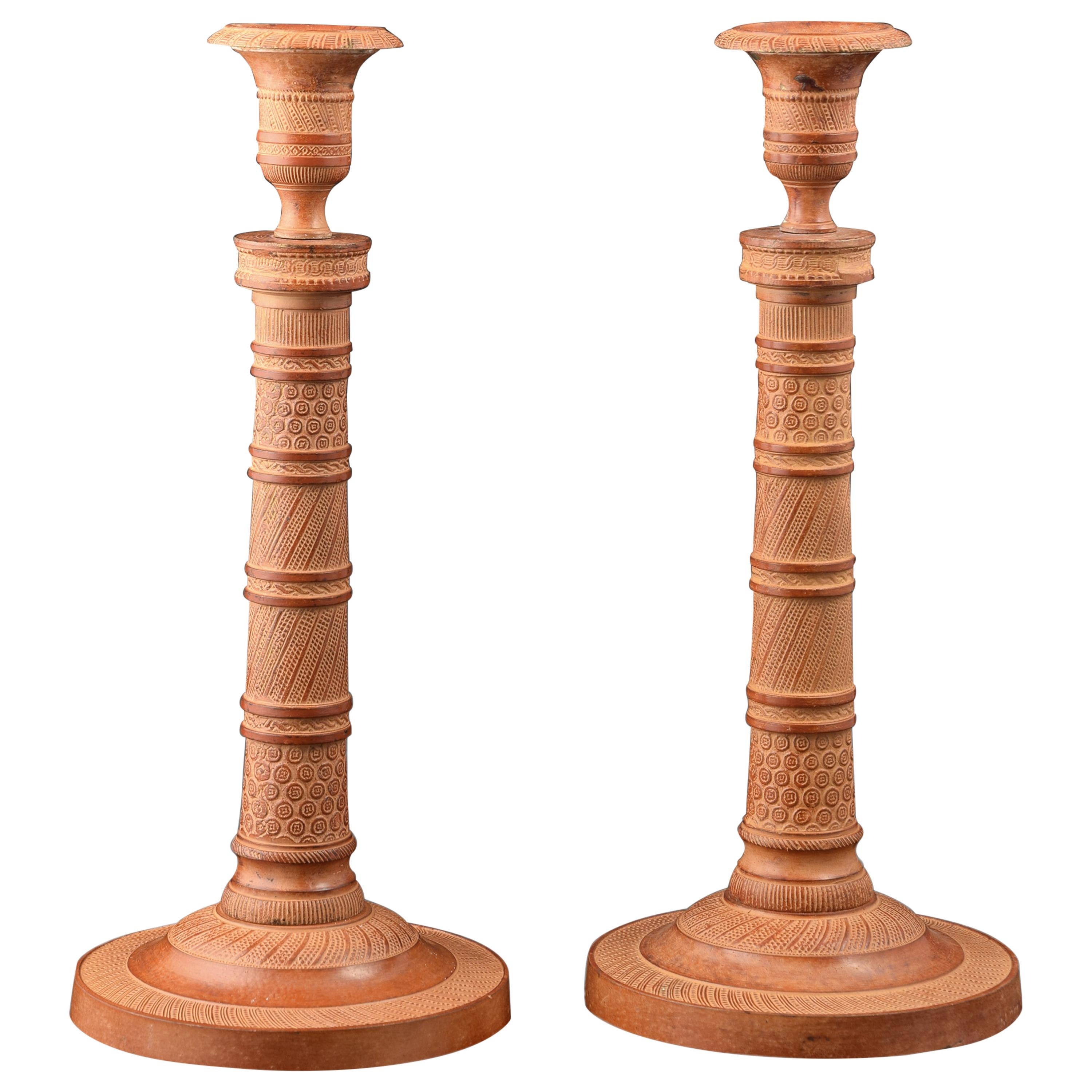 Pair of Candlesticks or Candleholders in Patinated Bronze
