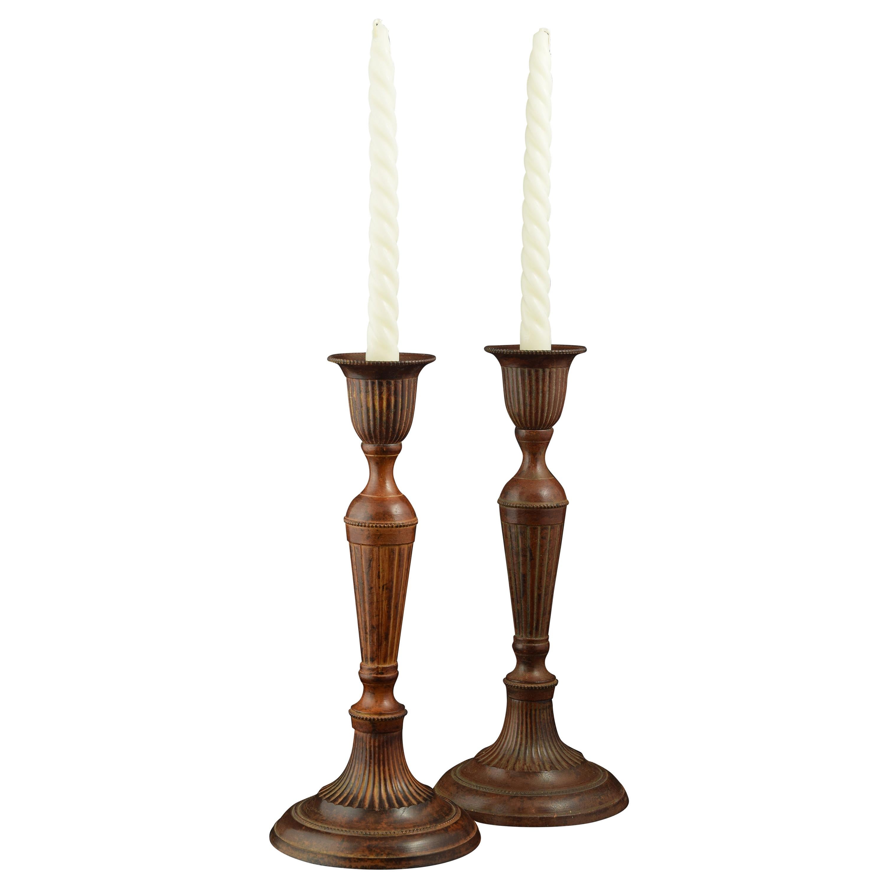 Pair of Candlesticks or Candleholders, Patinated Bronze