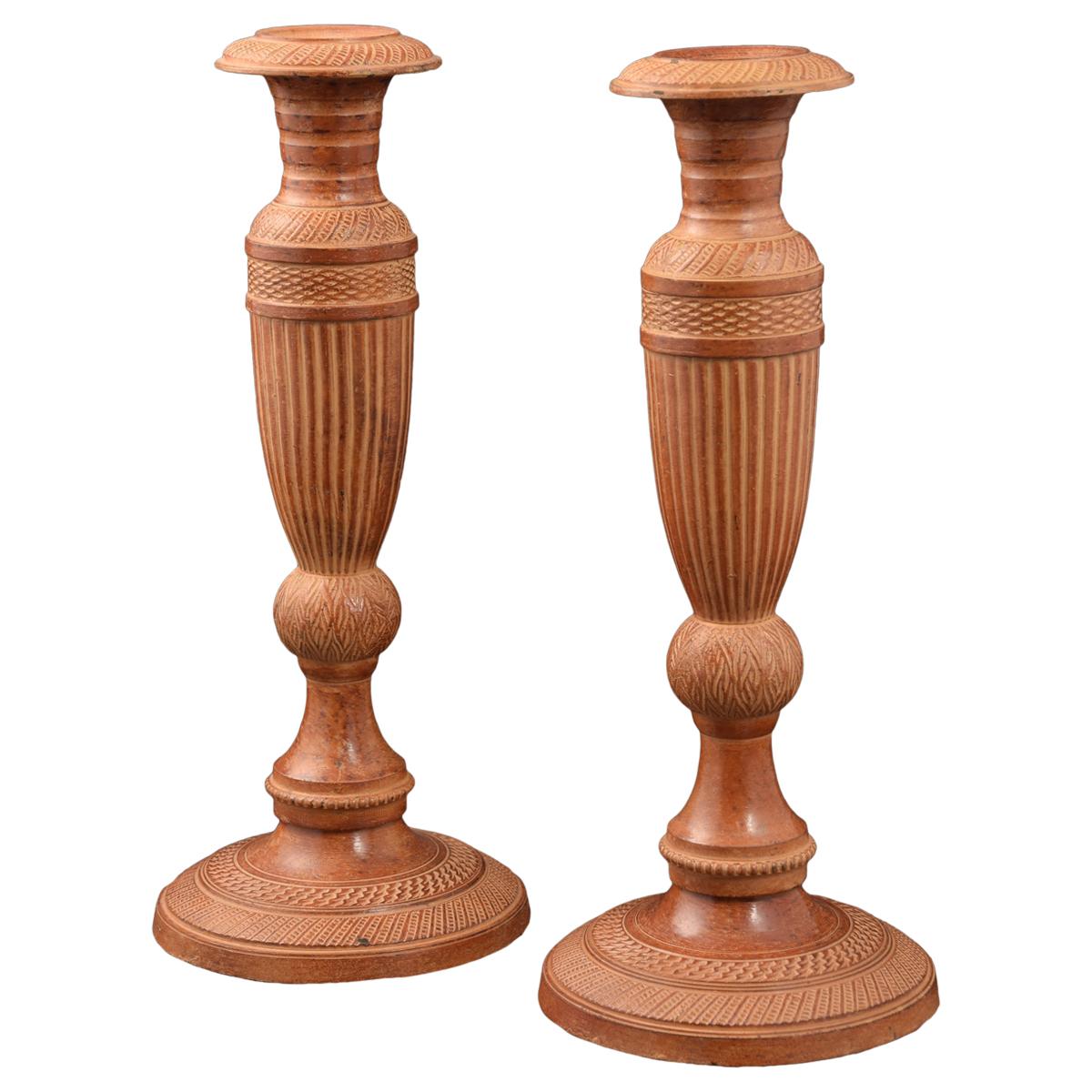 Pair of Candlesticks or Candleholders, Patinated Bronze