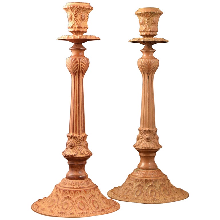 Pair of Candlesticks or Candleholders, Patinated Bronze For Sale