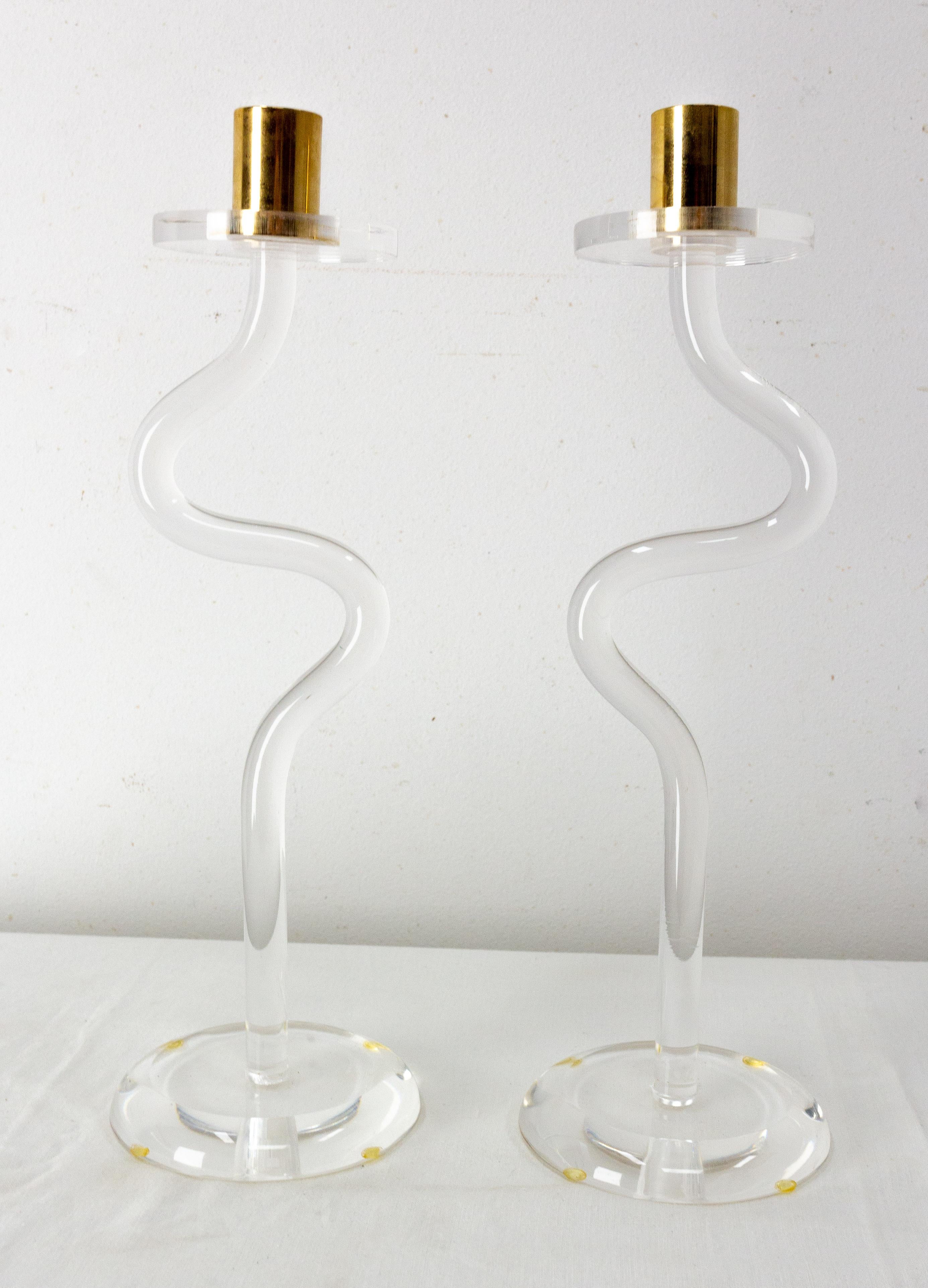 Pair of Candlesticks Polycarbonate Brass Candleholder, French, circa 1980 For Sale 2
