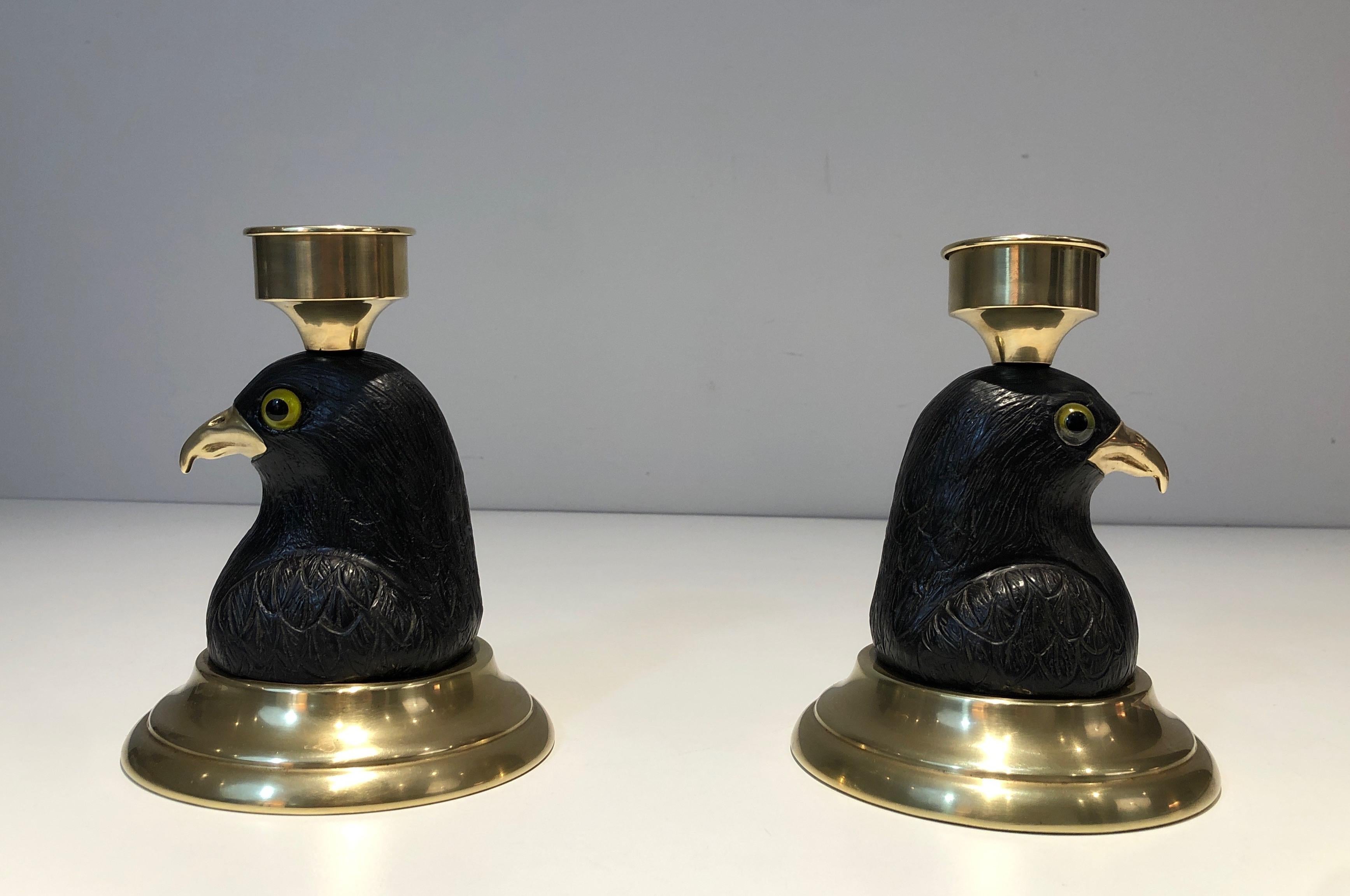 Pair of Candlesticks Representing Carved Wood Eagles with Brass Beaks and Glass  For Sale 3