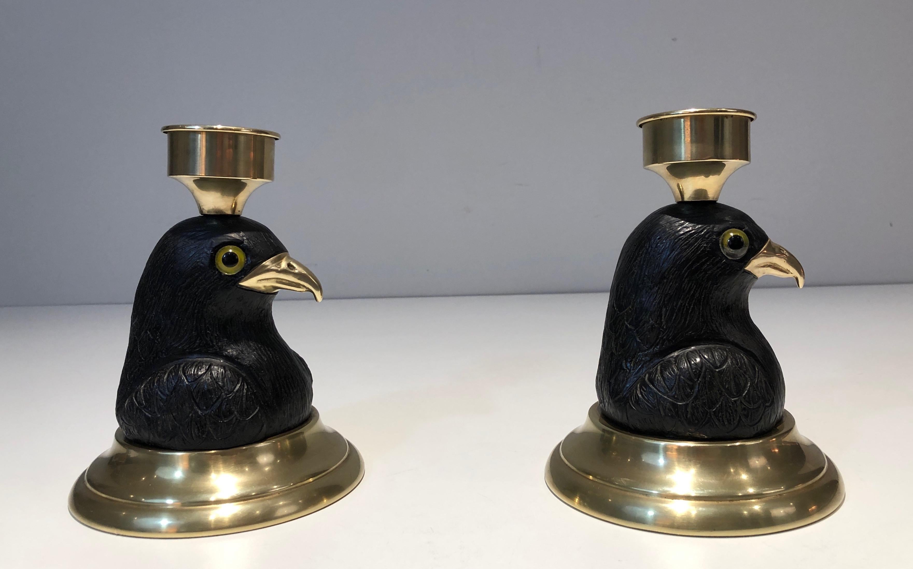 Pair of Candlesticks Representing Carved Wood Eagles with Brass Beaks and Glass  For Sale 4