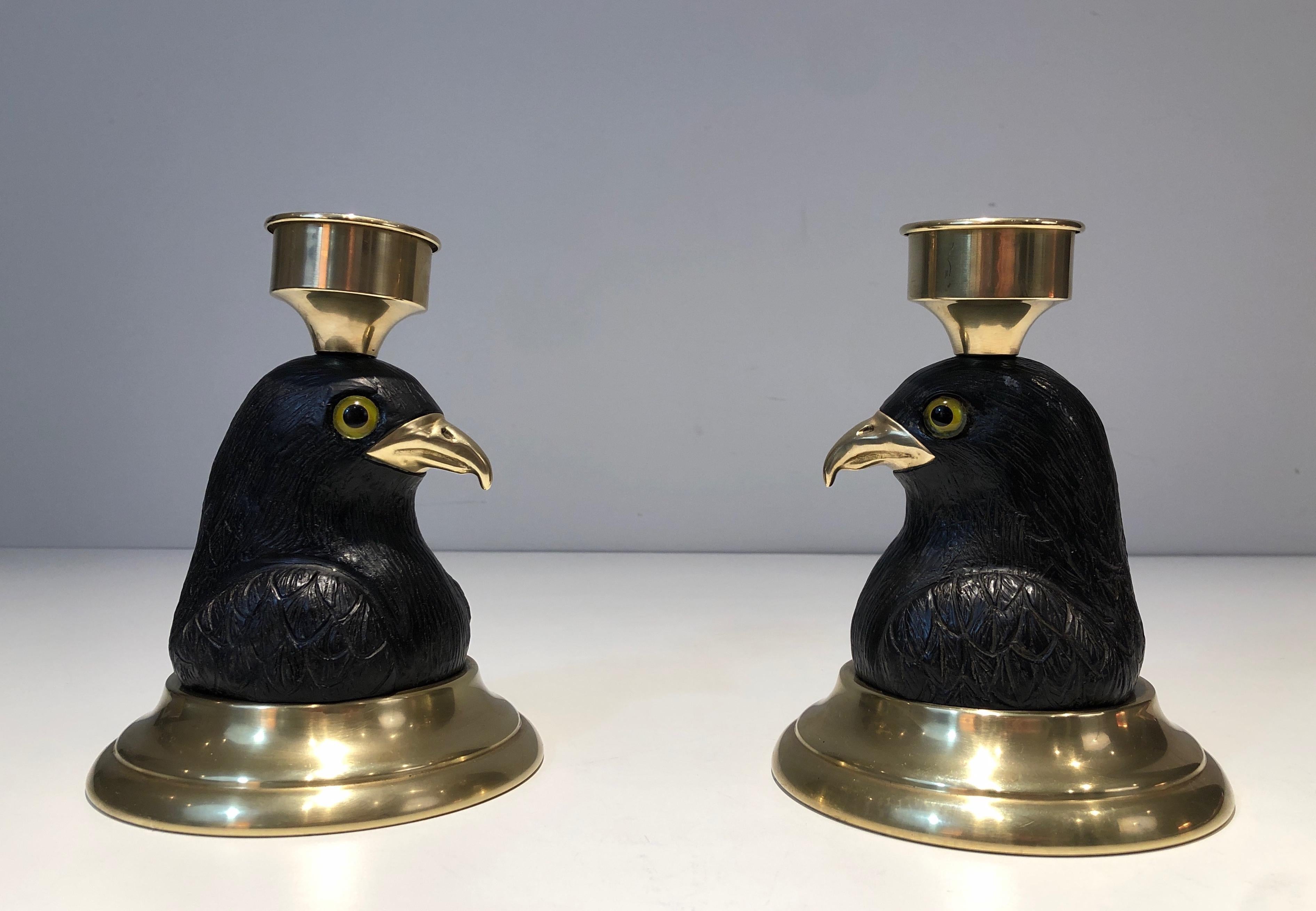 Pair of Candlesticks Representing Carved Wood Eagles with Brass Beaks and Glass  For Sale 5