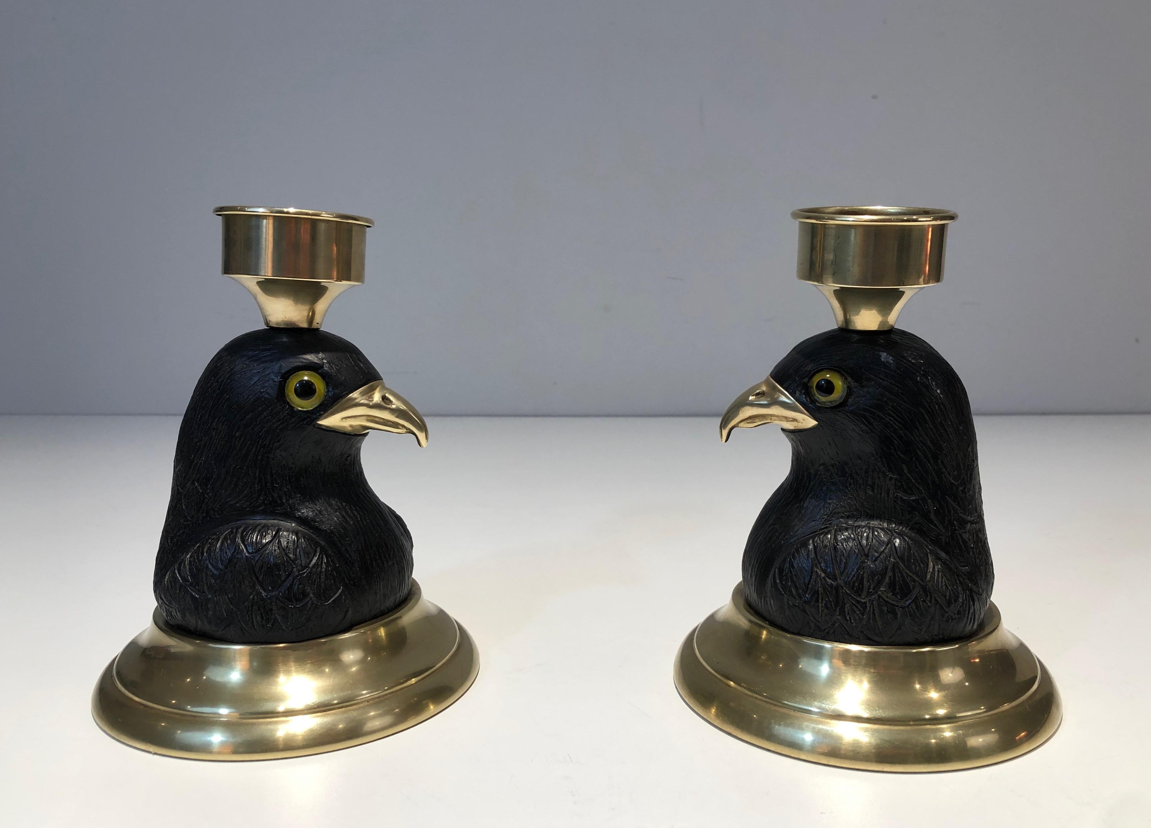 Pair of Candlesticks Representing Carved Wood Eagles with Brass Beaks and Glass  For Sale 13