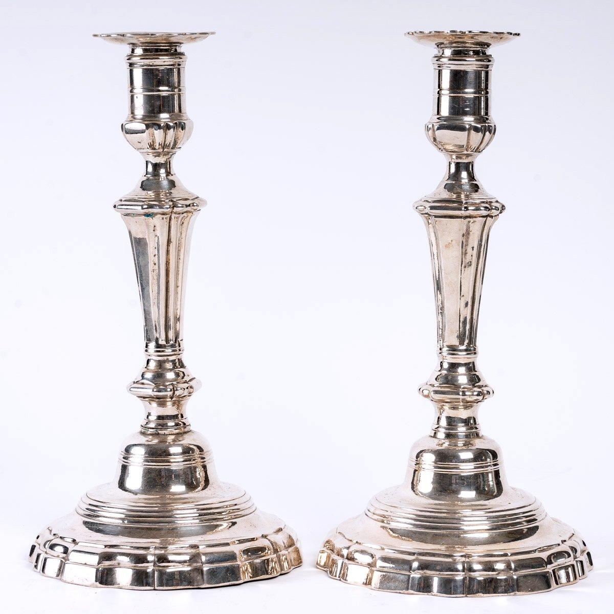 French Pair Of Candlesticks, Silvered Bronze, 18th Century