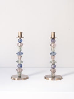 Pair of Candlesticks - Stainless Steel & Colored Glass Beads - India 1970s