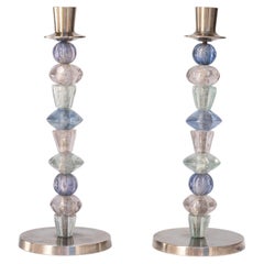 Pair of Candlesticks - Stainless Steel & Colored Glass Beads - India 1970s