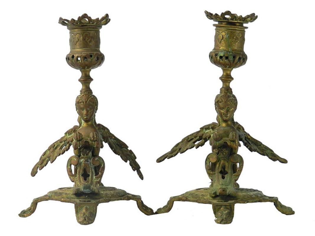 French Pair of Candlesticks Winged Sphinx Gilt Bronze, 19th Century