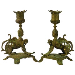 Pair of Candlesticks Winged Sphinx Gilt Bronze, 19th Century