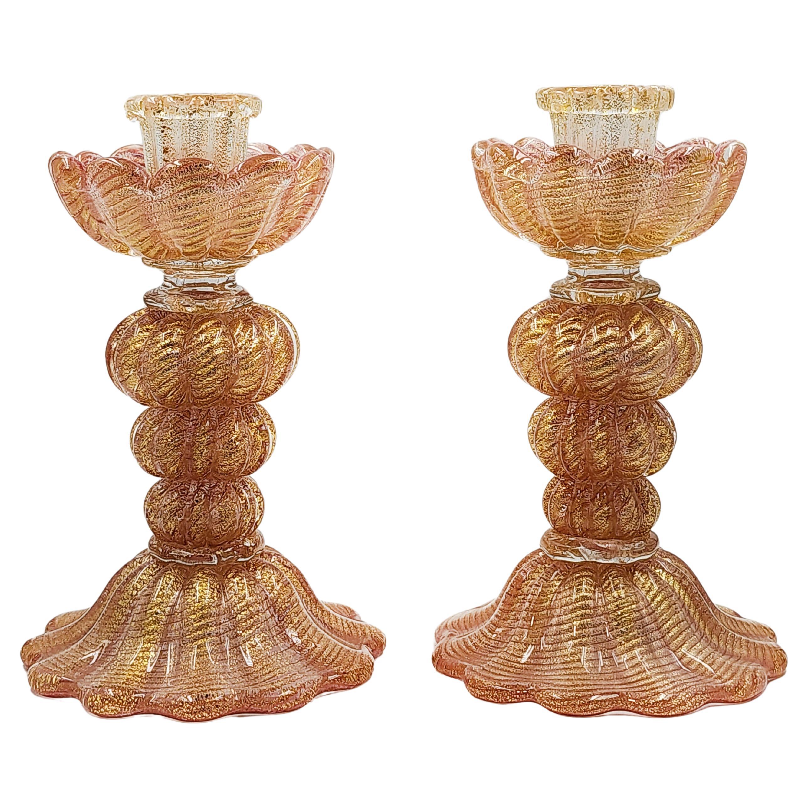 Pair of candlesticks with a design with golden murano glass specks For Sale
