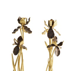 Pair of Candlesticks with Iris Design, Gilt Metal, Patina and Marble Base.