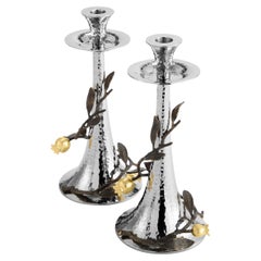 Pair of Candlesticks with Pomegranate Design, Silver-Plated.