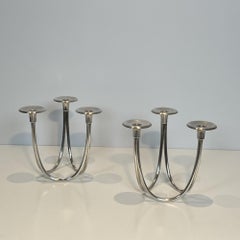 Pair of Candlesticks with Three Lights in Chrome Metal. French Work. Circa 1950
