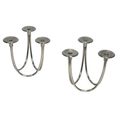 Pair of Candlesticks with Three Lights in Chrome Metal. French Work. Circa 1950
