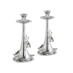 Pair of Candlesticks with White Orchid Design, Silver Plated.