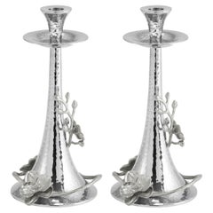 Pair of Candlesticks with White Orchid Design, Silver Plated.