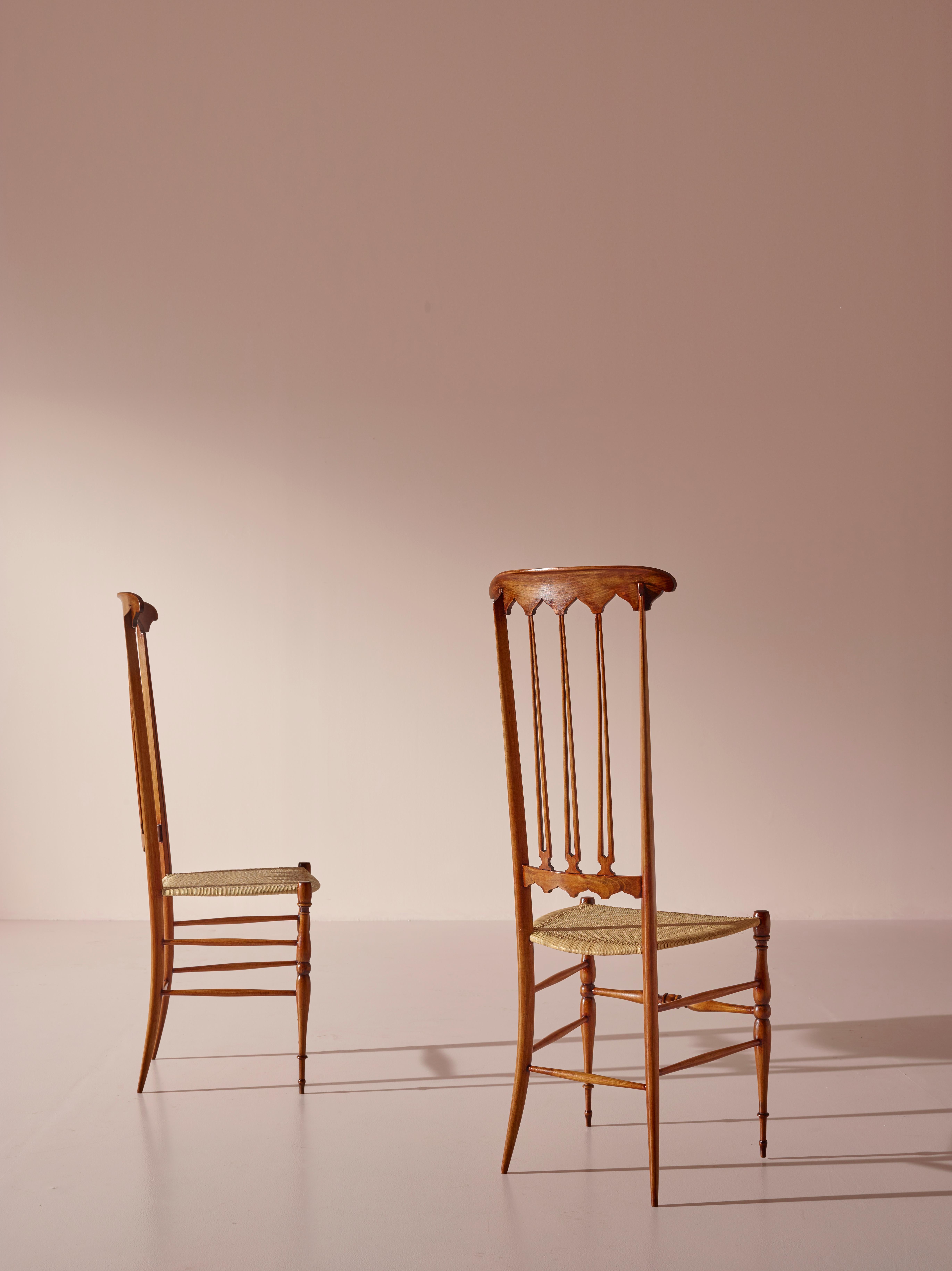 Pair of Cane and Beech ''Spade'' High Back Chairs Made in Chiavari, Italy 1960s 5