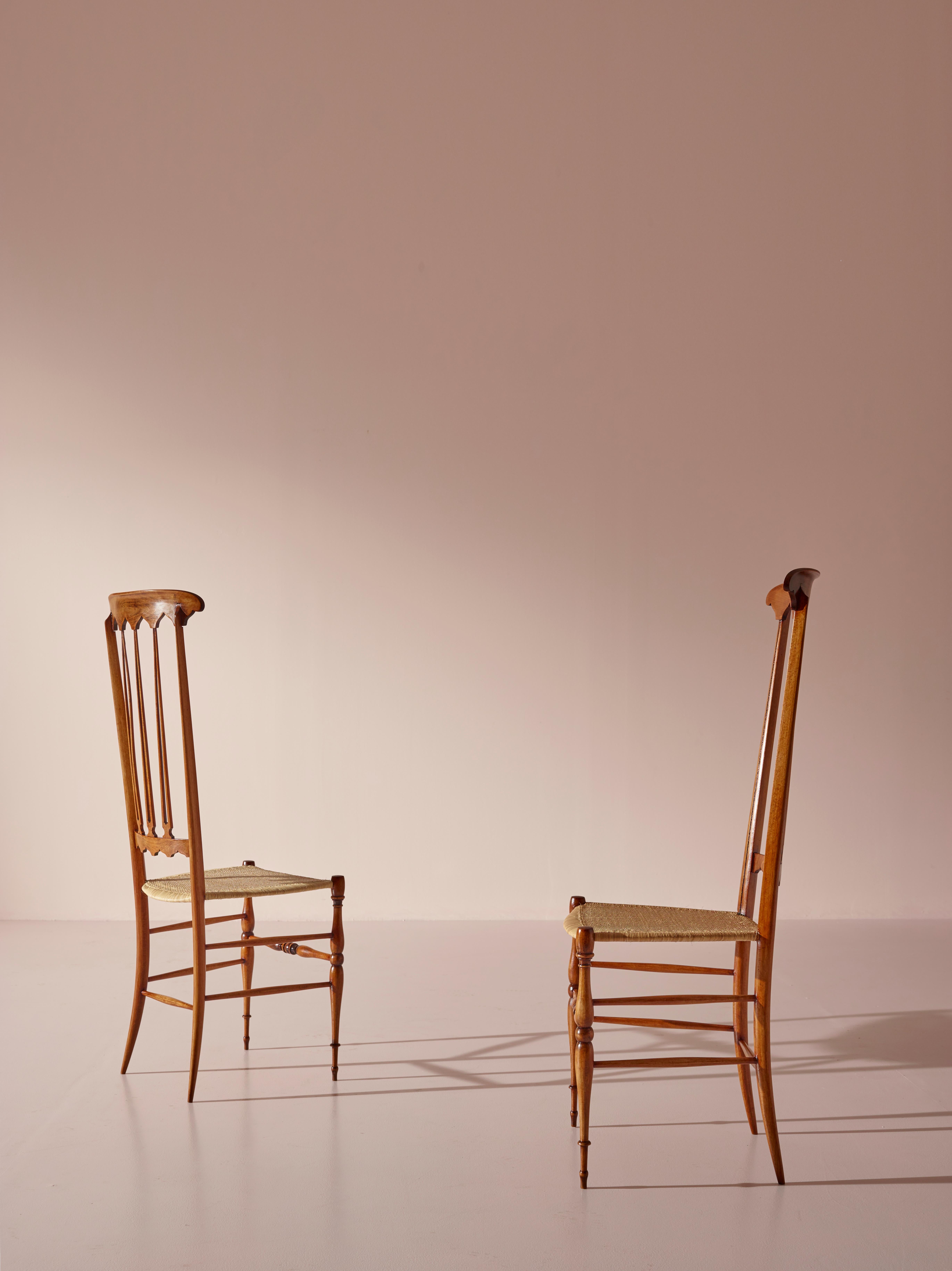 Pair of Cane and Beech ''Spade'' High Back Chairs Made in Chiavari, Italy 1960s 7