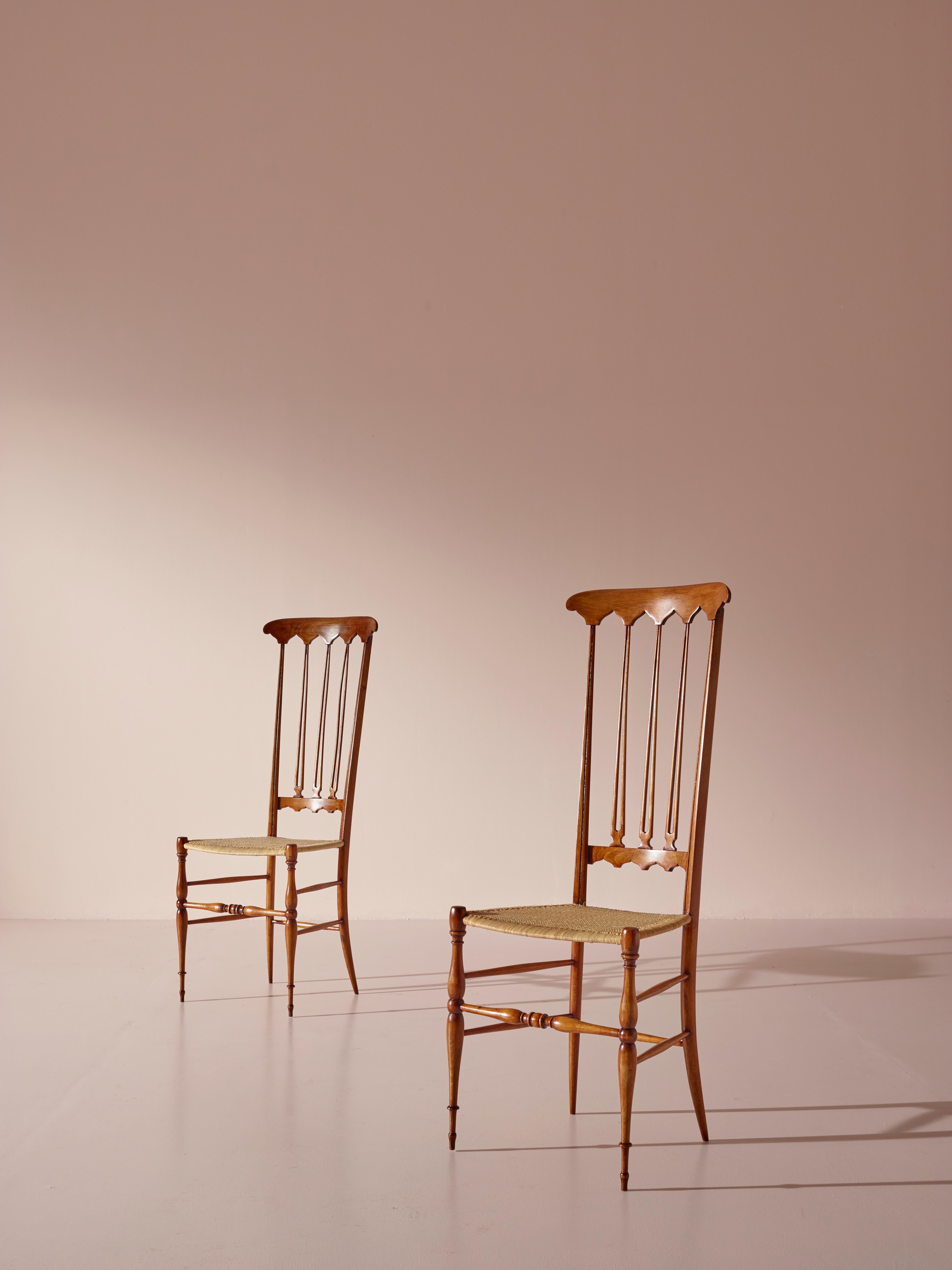 Italian Pair of Cane and Beech ''Spade'' High Back Chairs Made in Chiavari, Italy 1960s