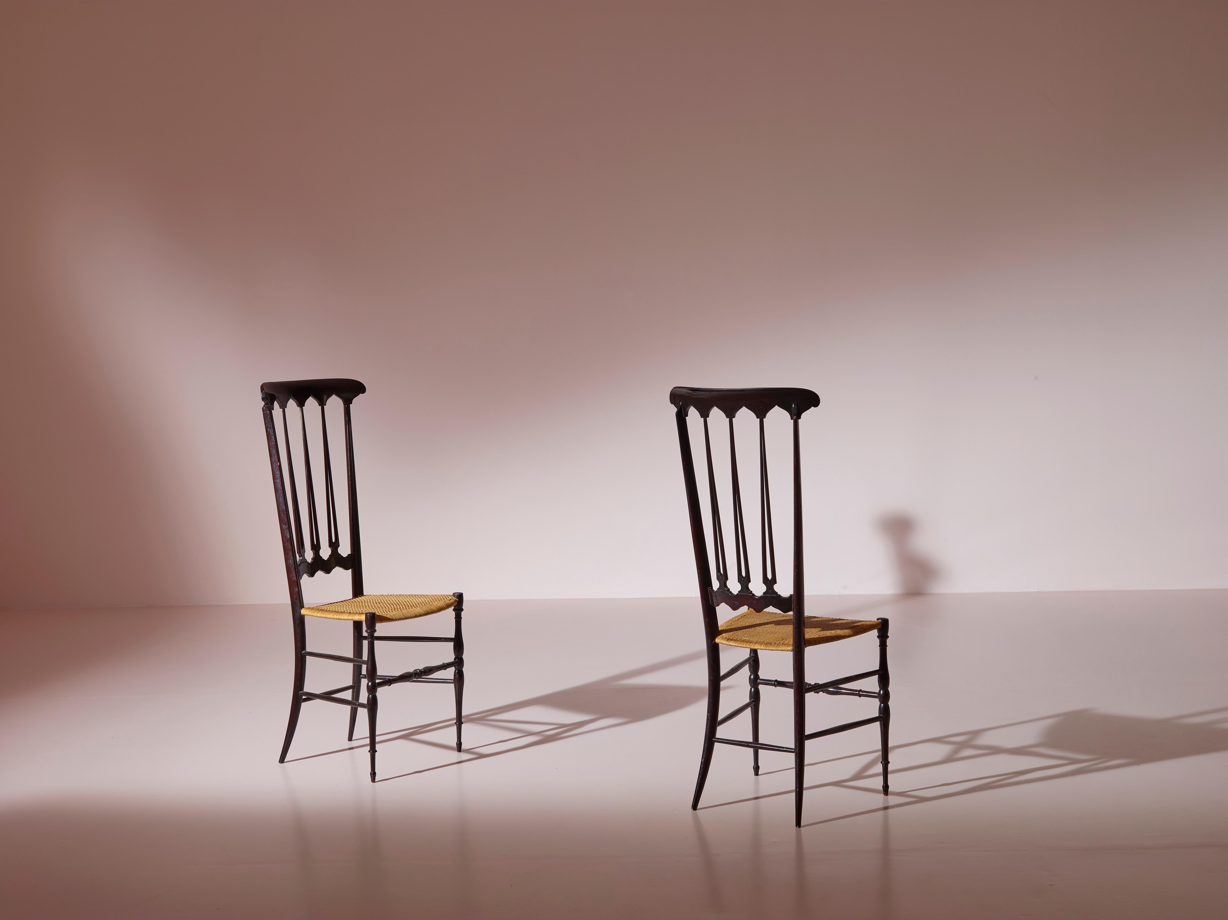 Italian Pair of Cane and Beech ''Spade'' High Back Chairs Made in Chiavari, Italy 1960s For Sale
