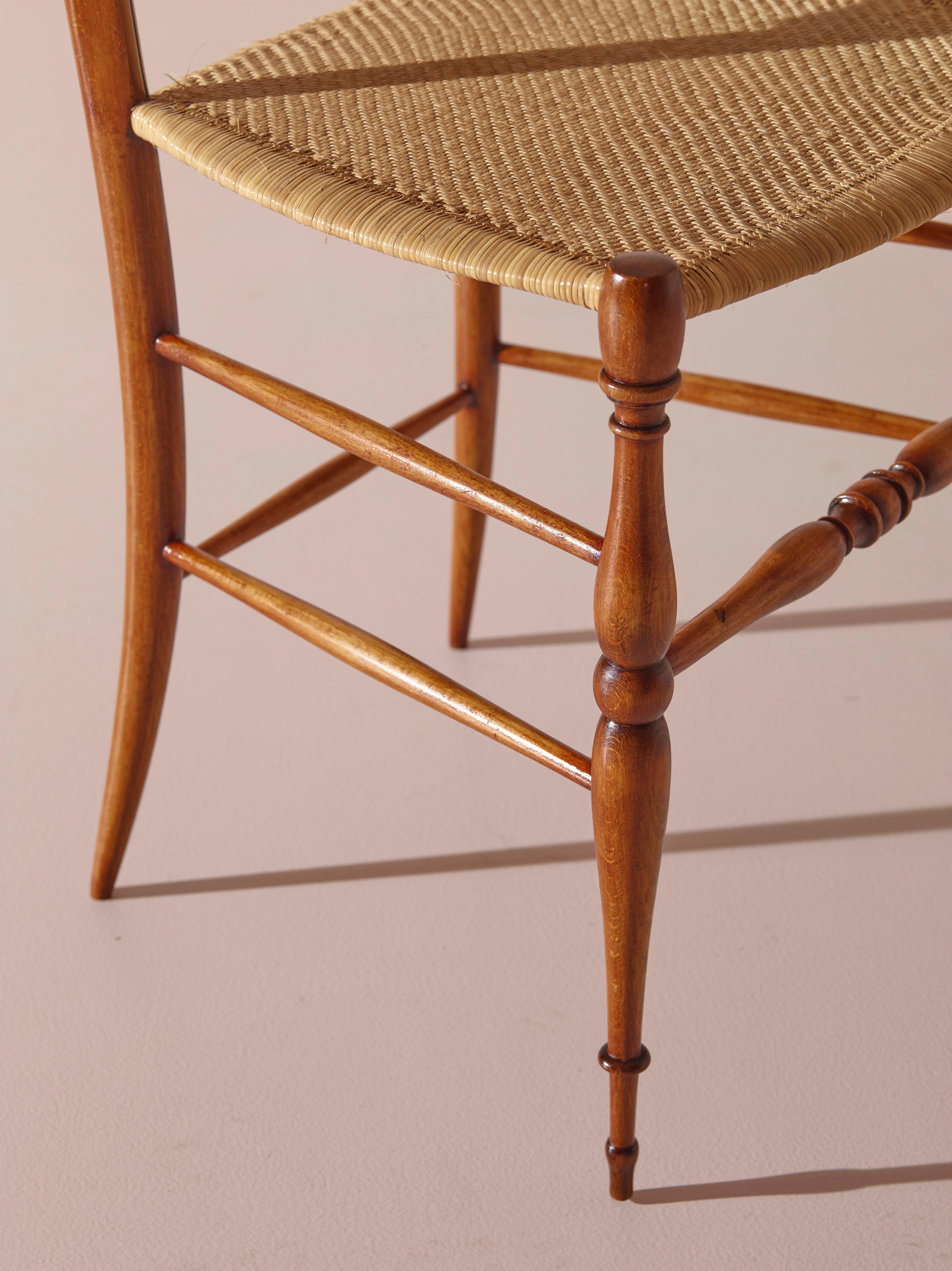 Hand-Knotted Pair of Cane and Beech ''Spade'' High Back Chairs Made in Chiavari, Italy 1960s