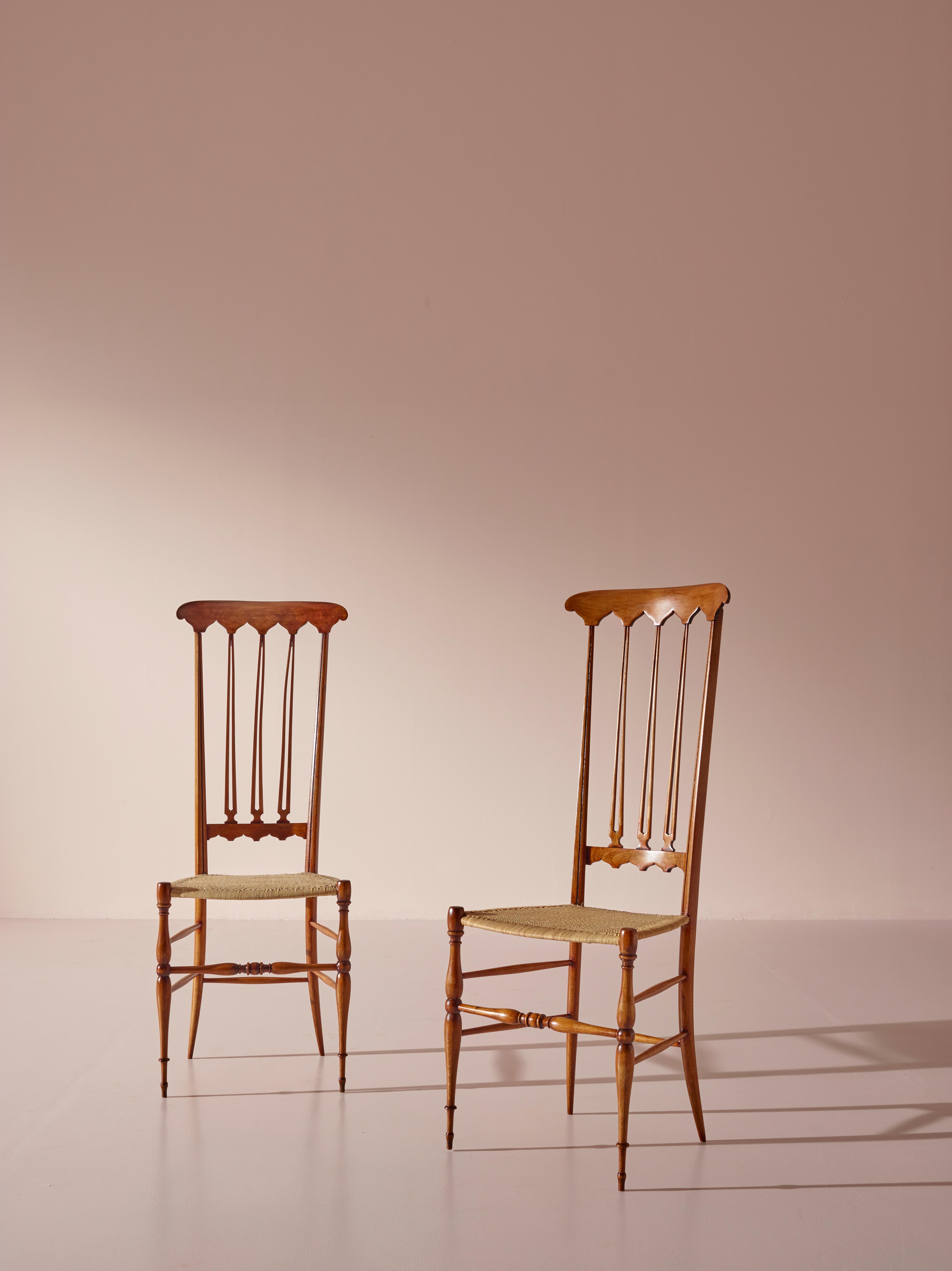 Mid-20th Century Pair of Cane and Beech ''Spade'' High Back Chairs Made in Chiavari, Italy 1960s