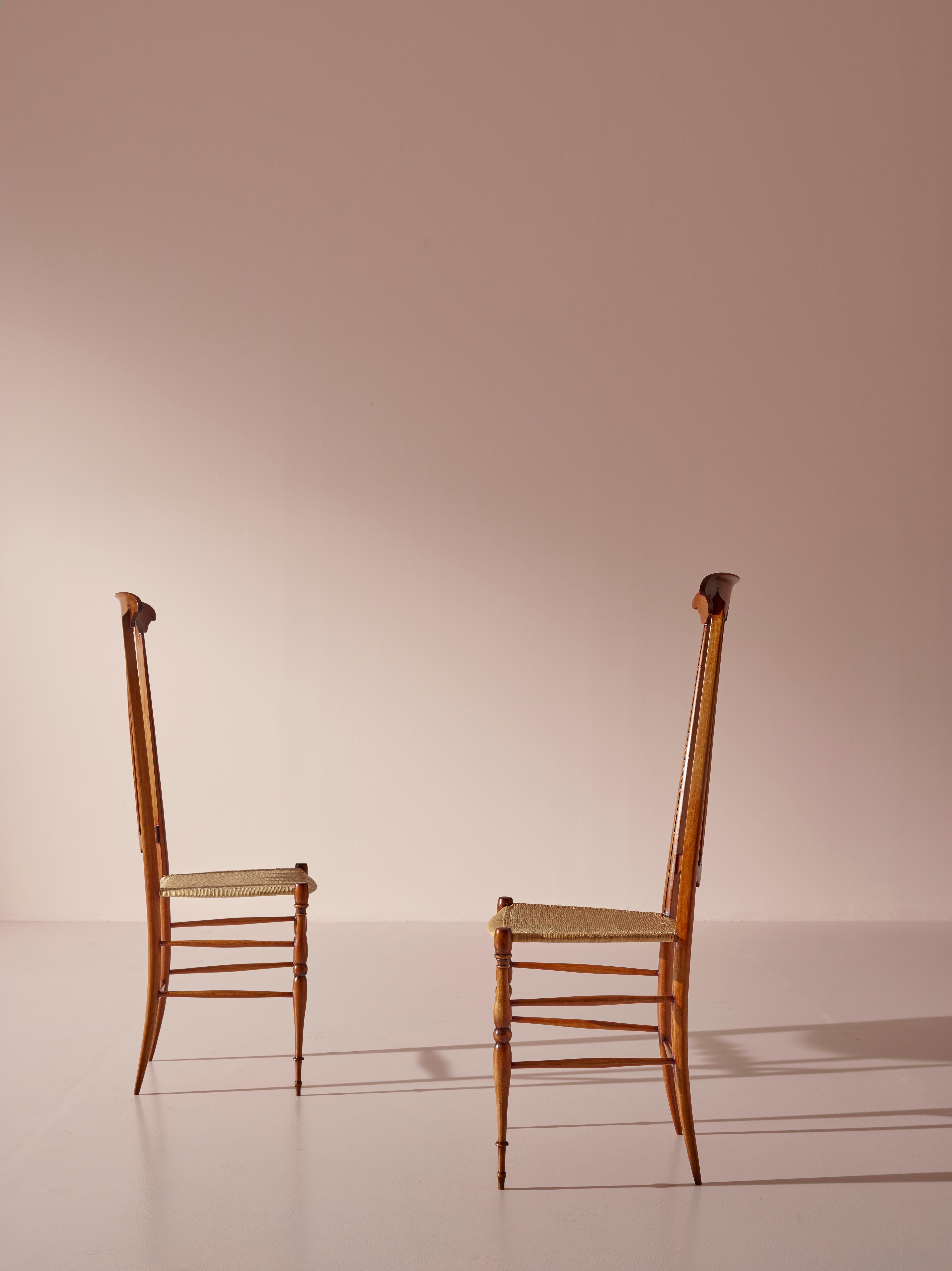 Pair of Cane and Beech ''Spade'' High Back Chairs Made in Chiavari, Italy 1960s 2