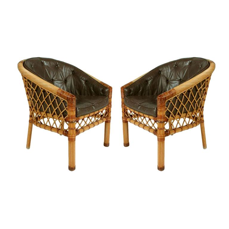 Pair of Cane and Leather Armchairs by Bielecky Bros. NYC