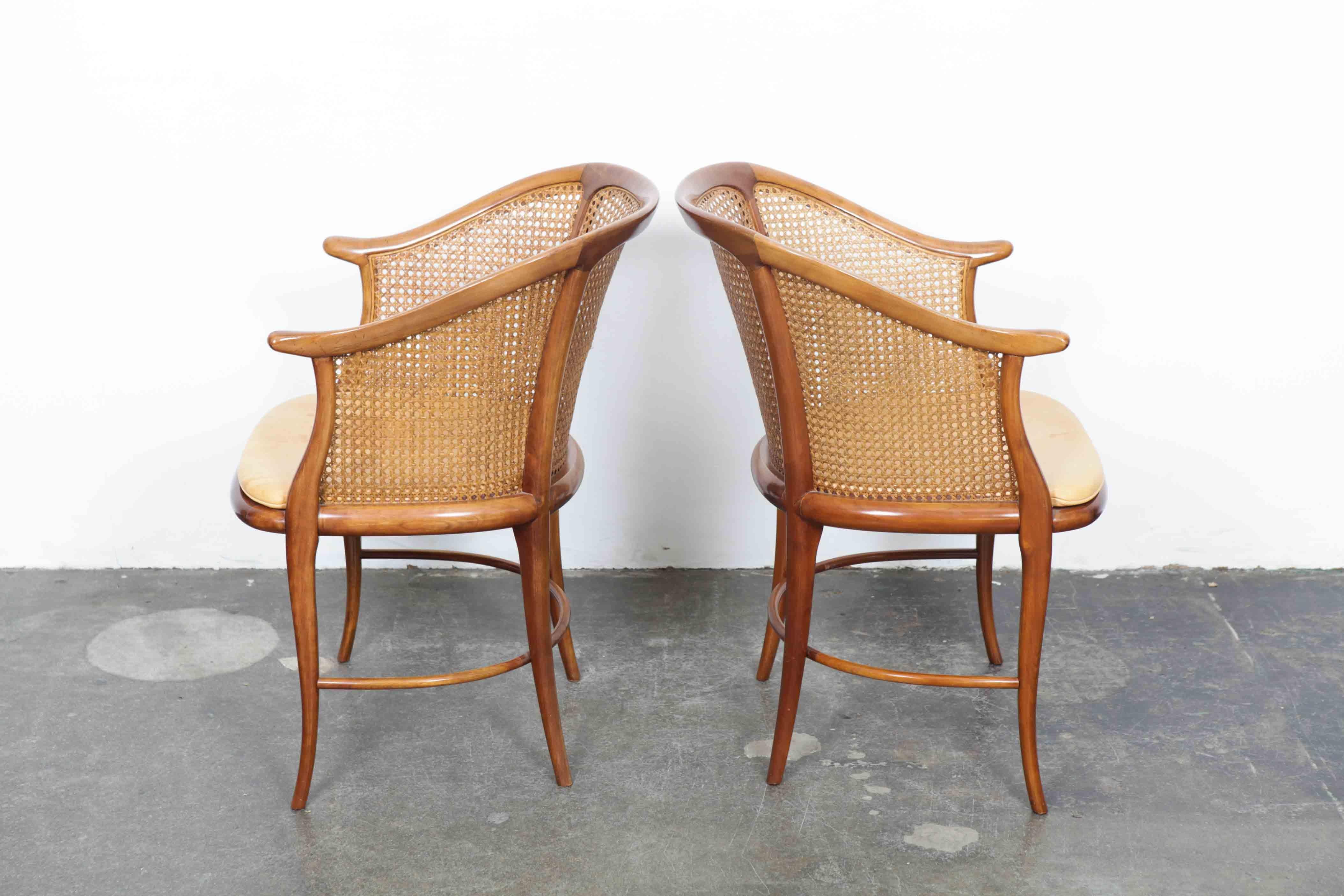 Pair of Cane and Leather Italian Chairs with Cherrywood Frames (Lackiert)