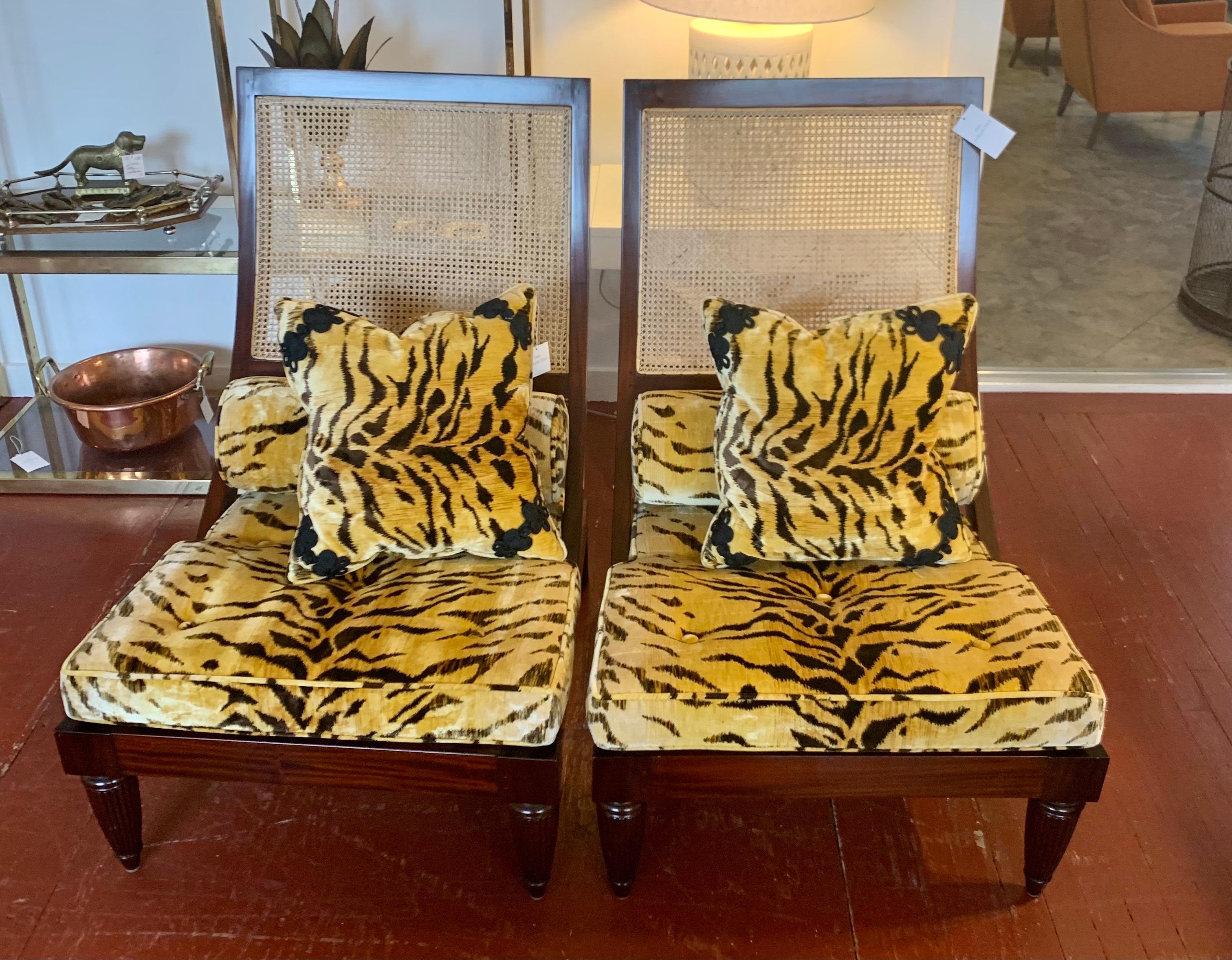 Pair of Cane and Leopard Fabric Lounge Chairs In Good Condition In West Hartford, CT