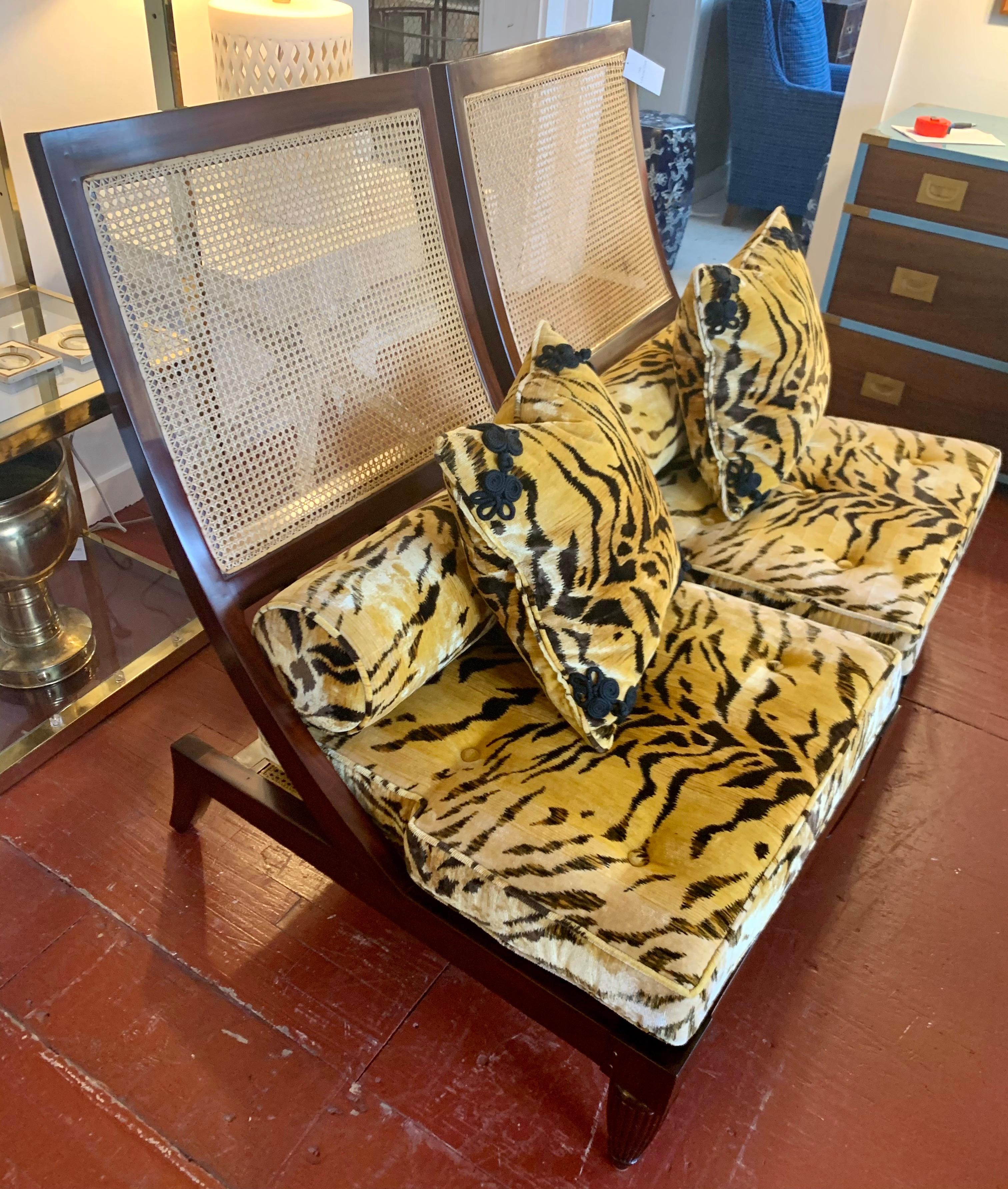 Pair of Cane and Leopard Fabric Lounge Chairs 3