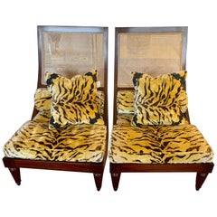 Pair of Cane and Leopard Fabric Lounge Chairs