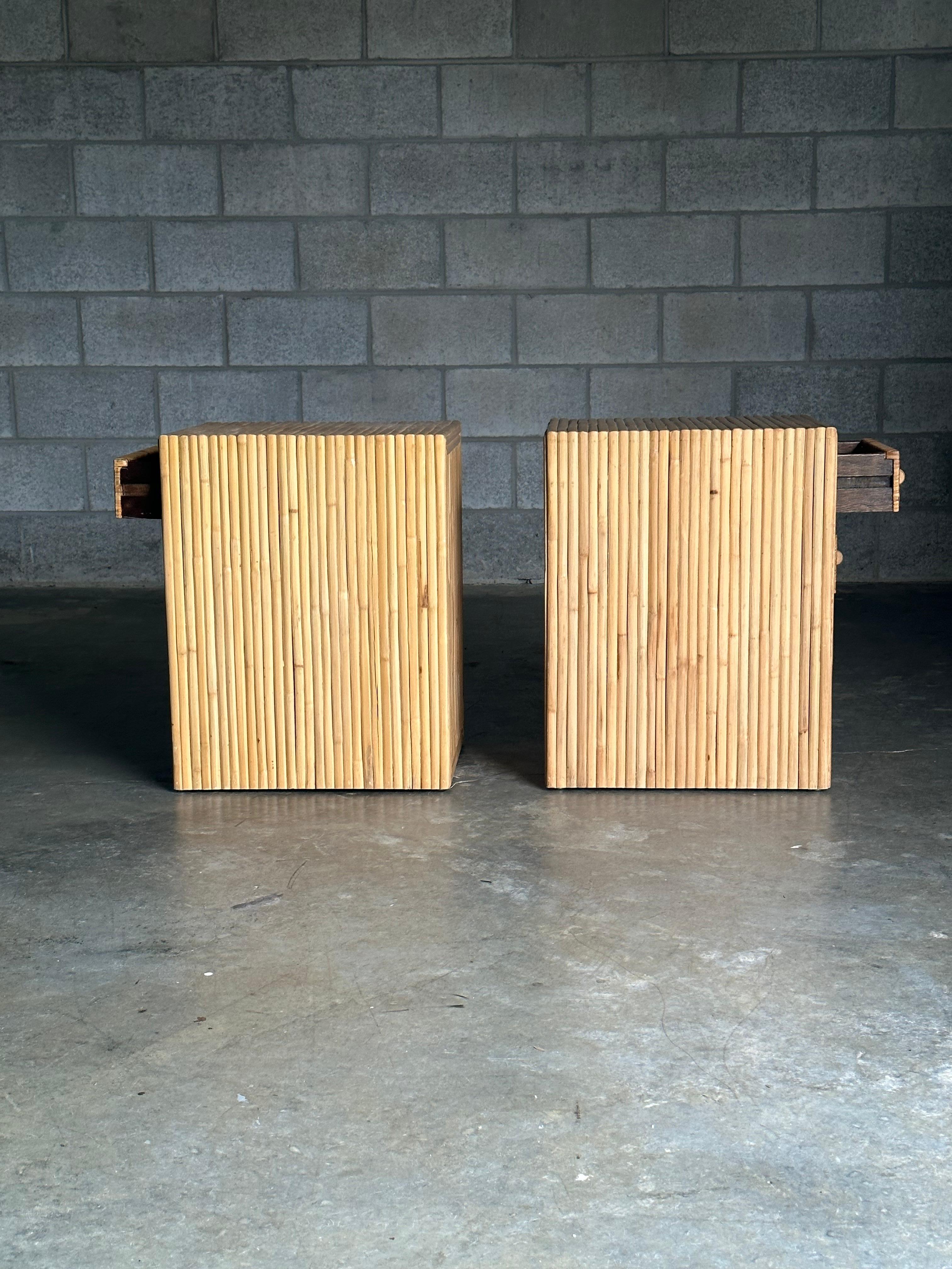 Organic Modern Pair of Cane and Split Bamboo Nightstands For Sale