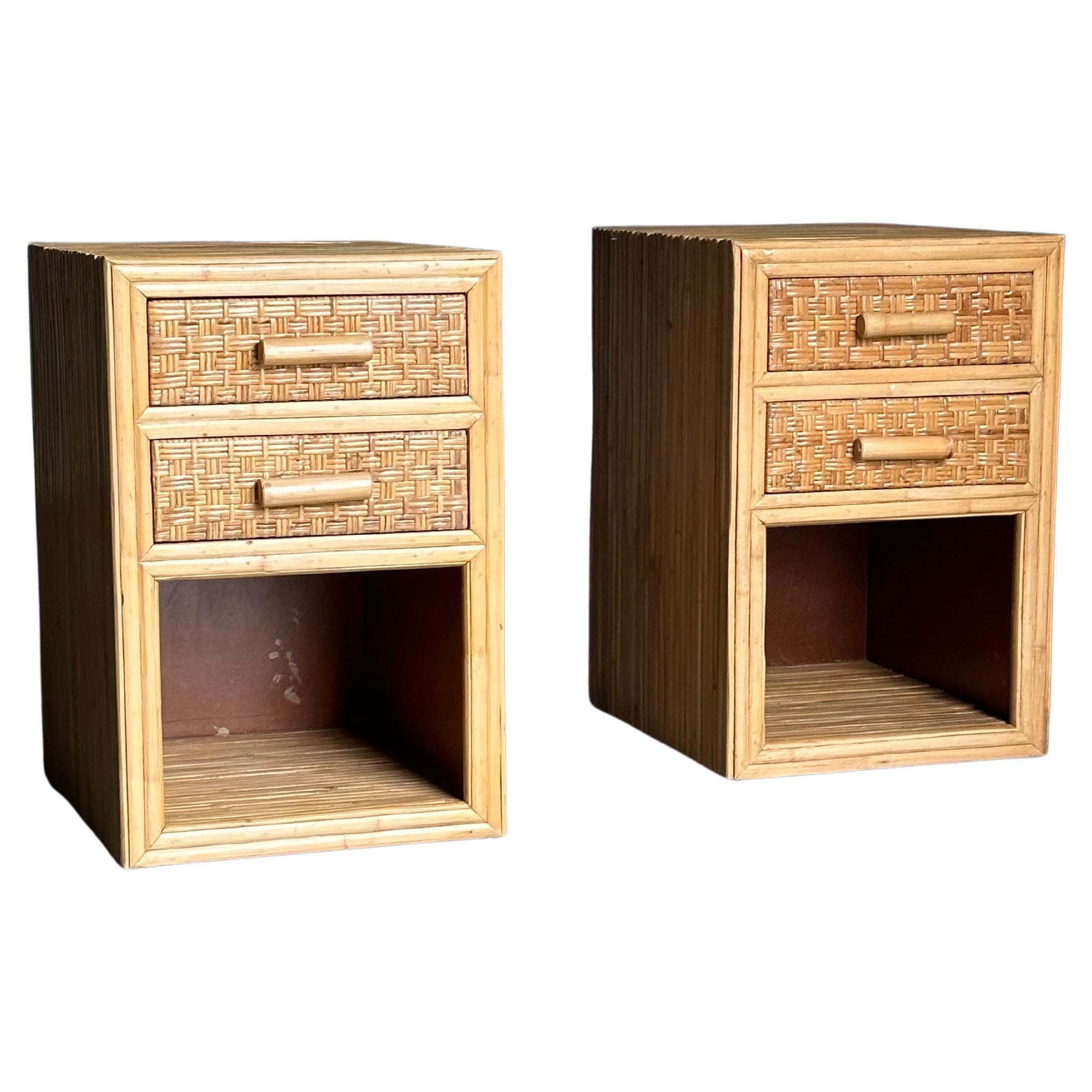 Pair of Cane and Split Bamboo Nightstands