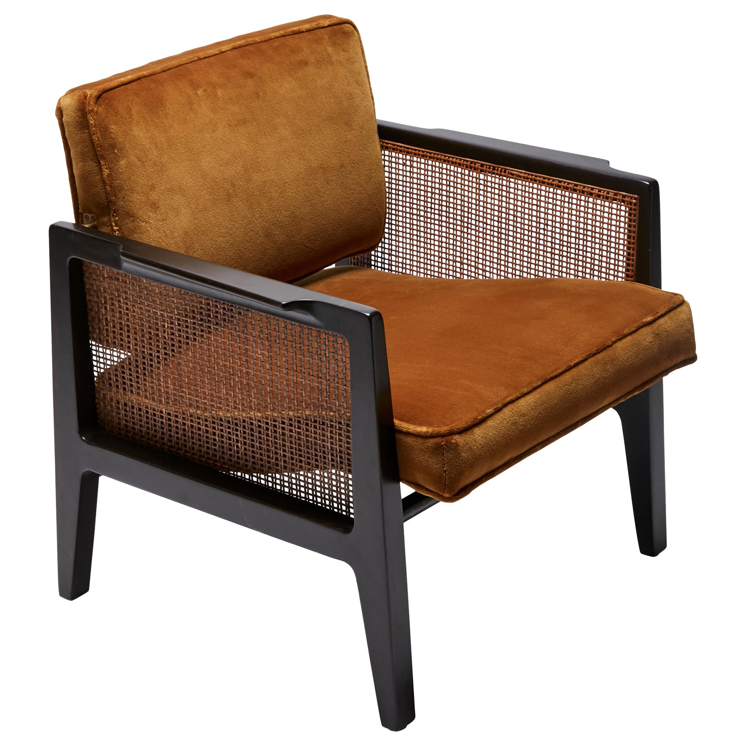 Pair of Cane and Velvet Lounge Chairs by Dunbar