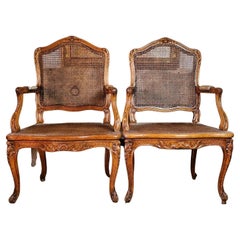 Pair of Cane Antique Armchairs Louis XV Style French 19th Century Walnut Chairs