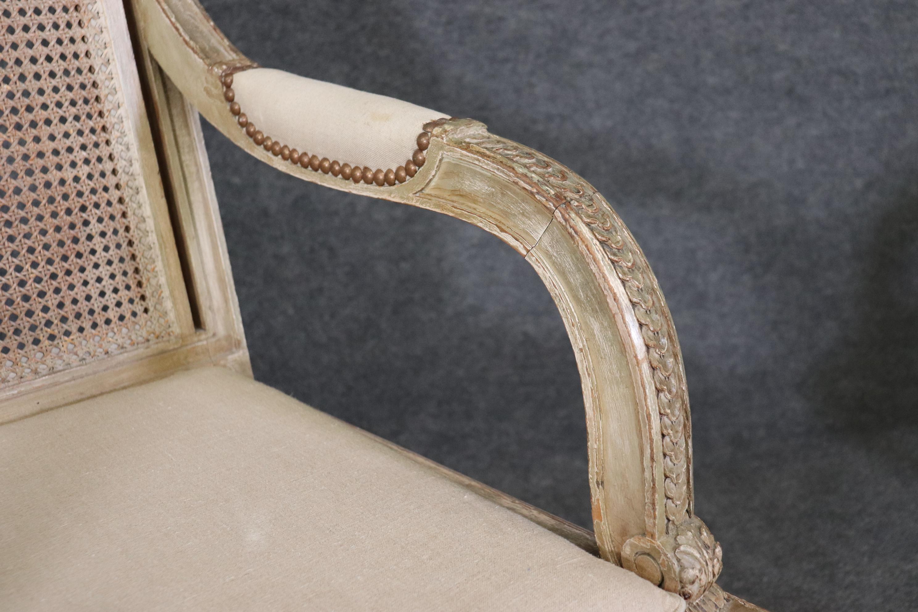   Pair of Cane Back Antique White Paint Decorated Louis XVI Style Armchairs Dini For Sale 8