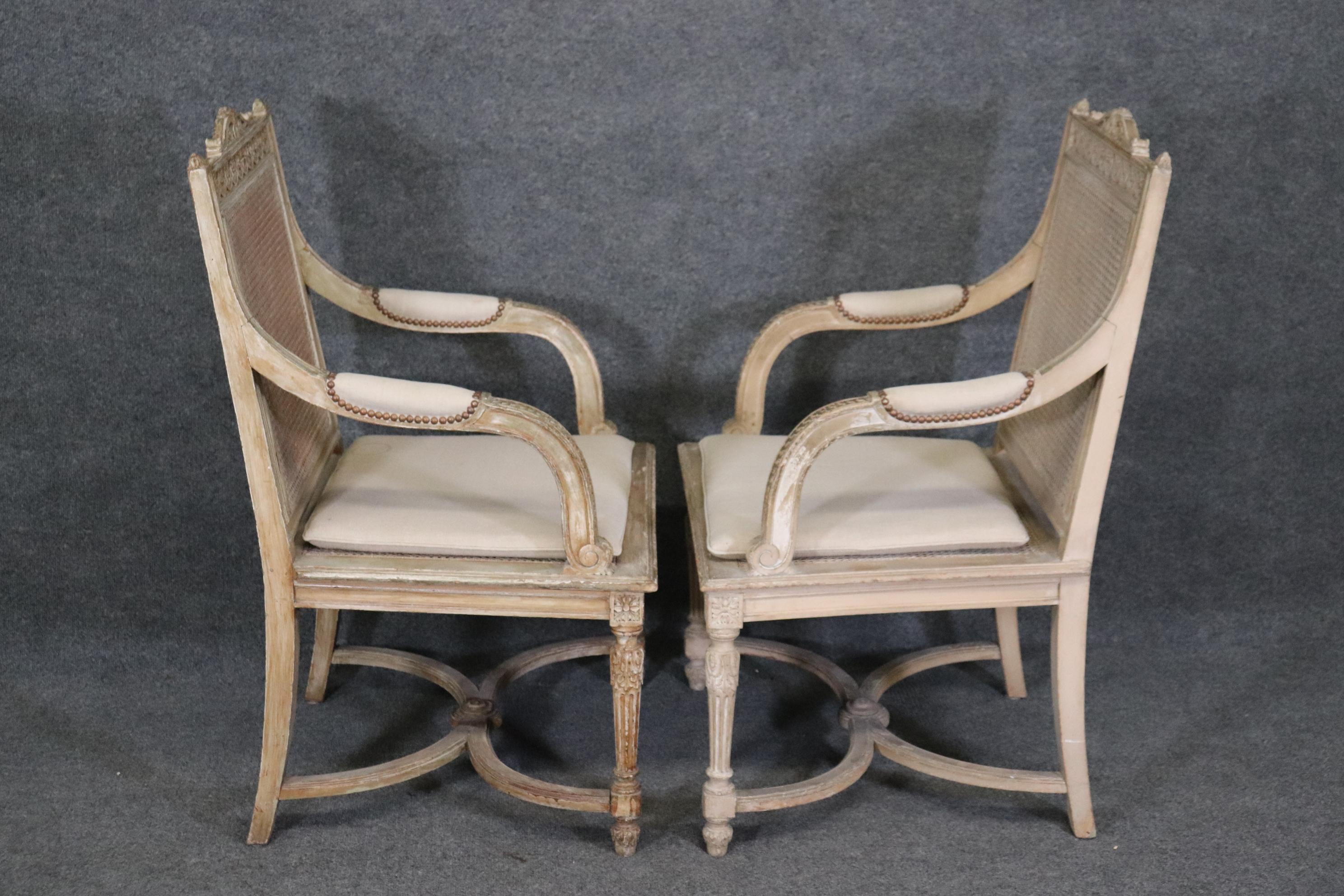   Pair of Cane Back Antique White Paint Decorated Louis XVI Style Armchairs Dini For Sale 1