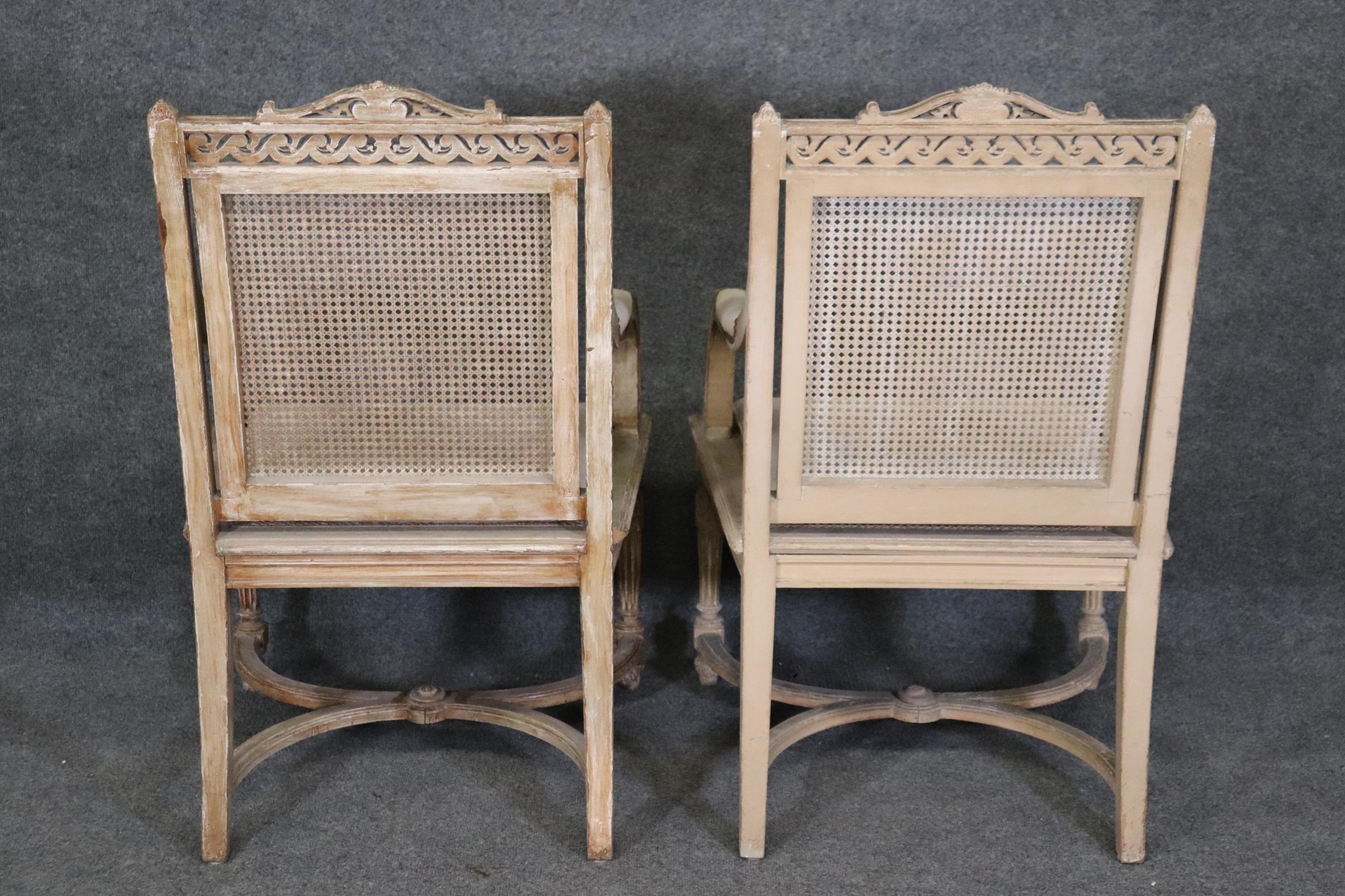   Pair of Cane Back Antique White Paint Decorated Louis XVI Style Armchairs Dini For Sale 2