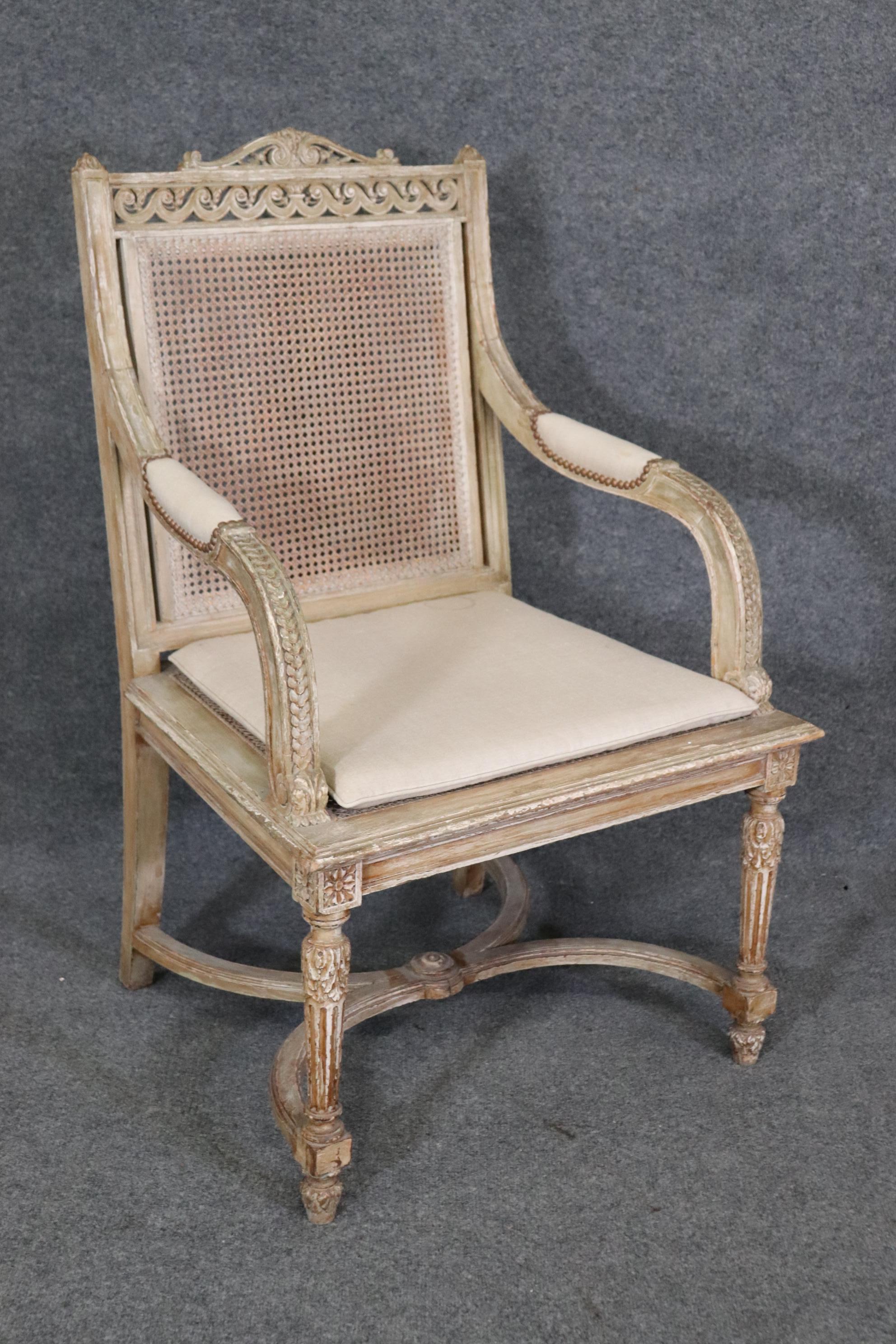   Pair of Cane Back Antique White Paint Decorated Louis XVI Style Armchairs Dini For Sale 3