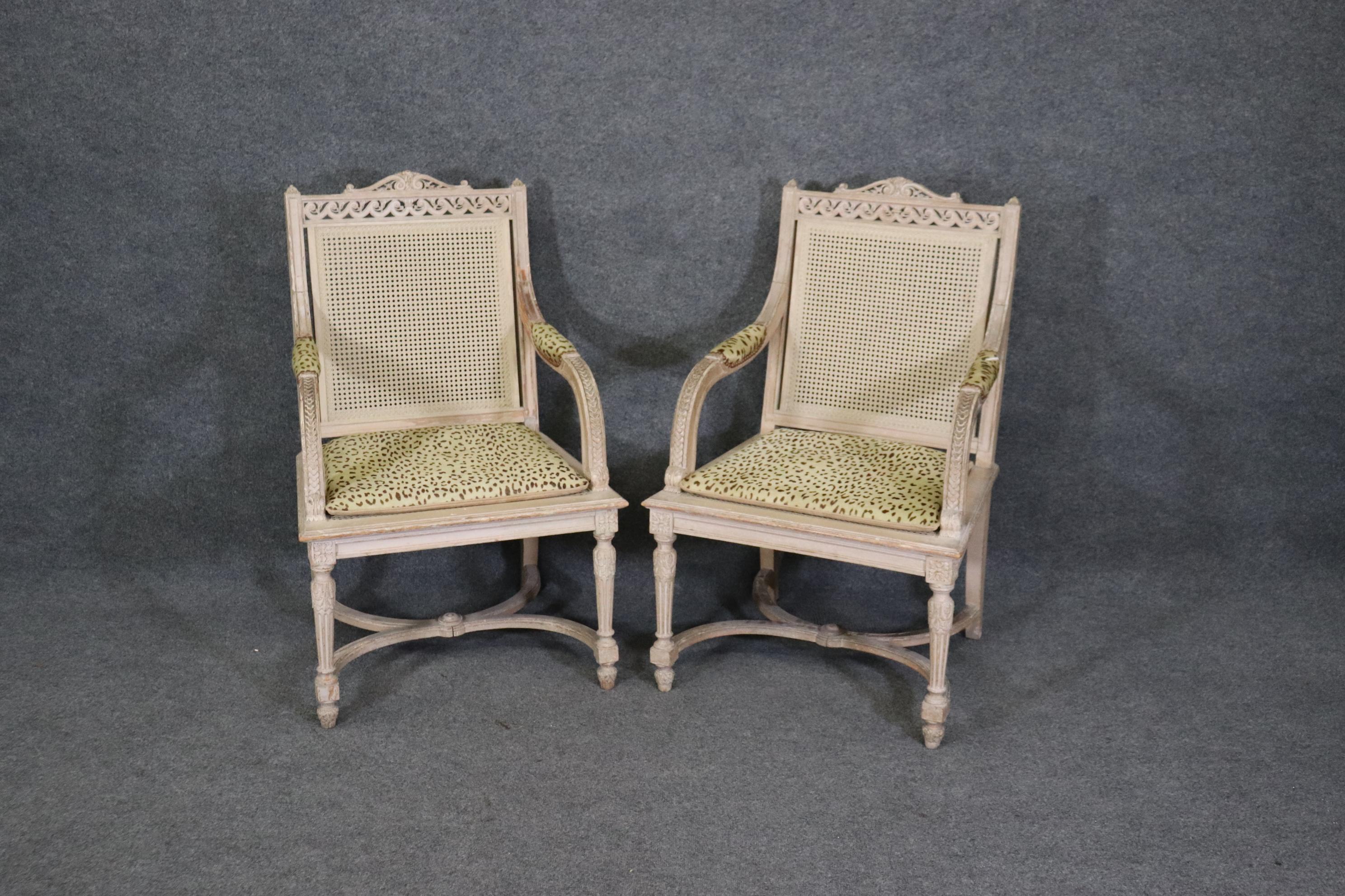 This is a beautiful pair of antique cane and paint decorated cane armchairs that can be used for the head of a dining table. The chairs are very distressed from time and will show paint loss but no damage to the cane and they even have cheetah