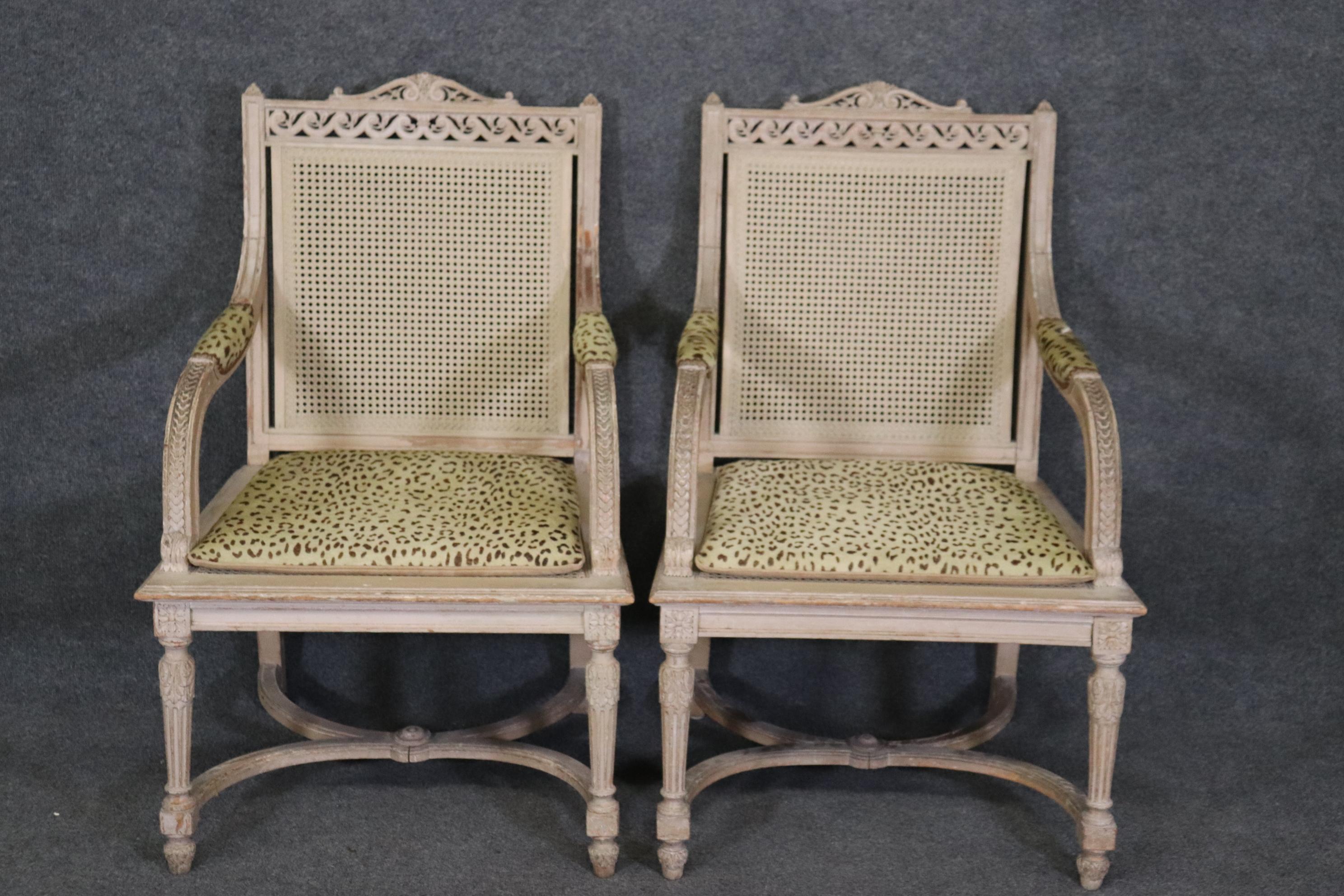French Pair of Cane Back Antique White Paint Decorated Louis XVI Style Armchairs Dining For Sale