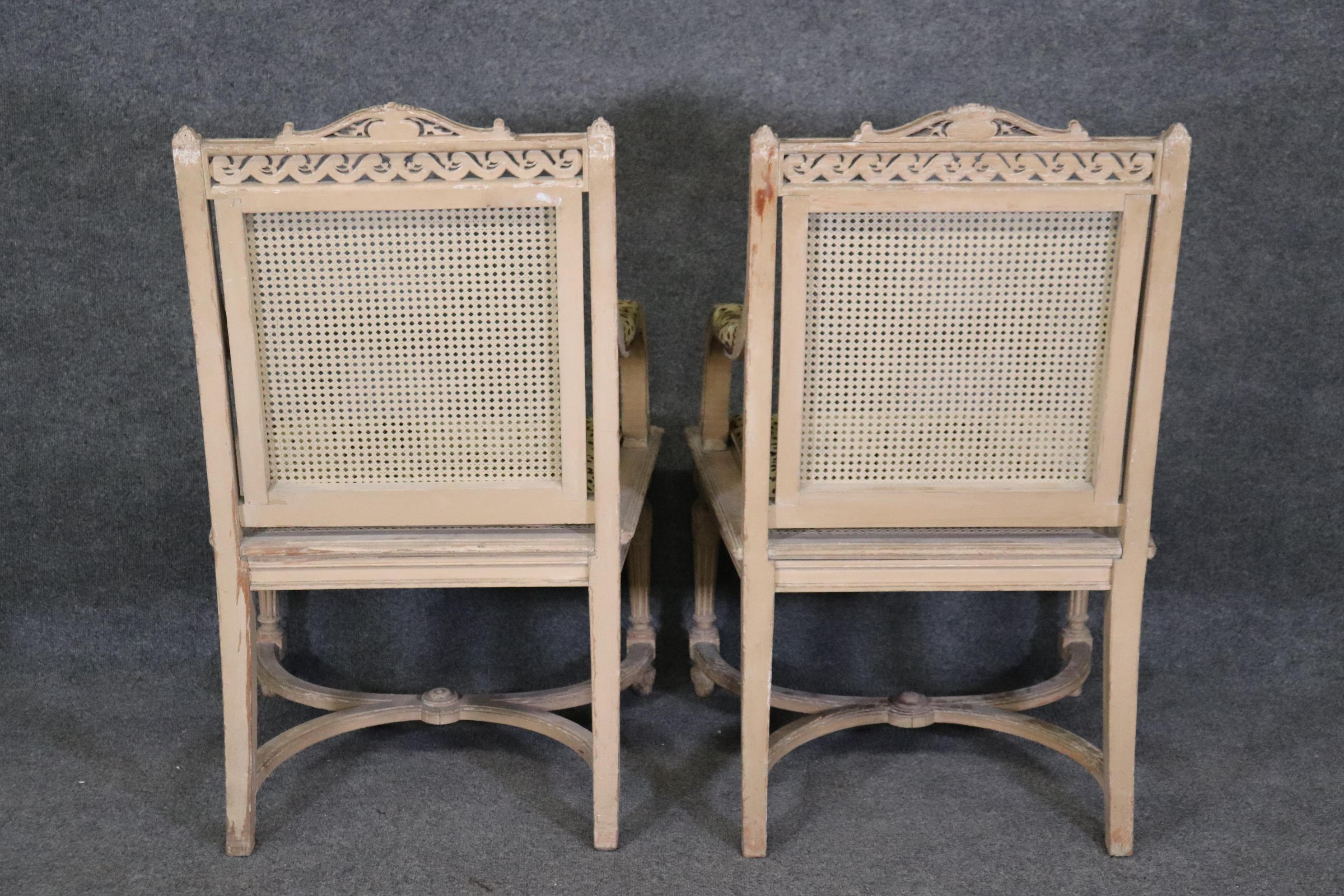 Pair of Cane Back Antique White Paint Decorated Louis XVI Style Armchairs Dining For Sale 1